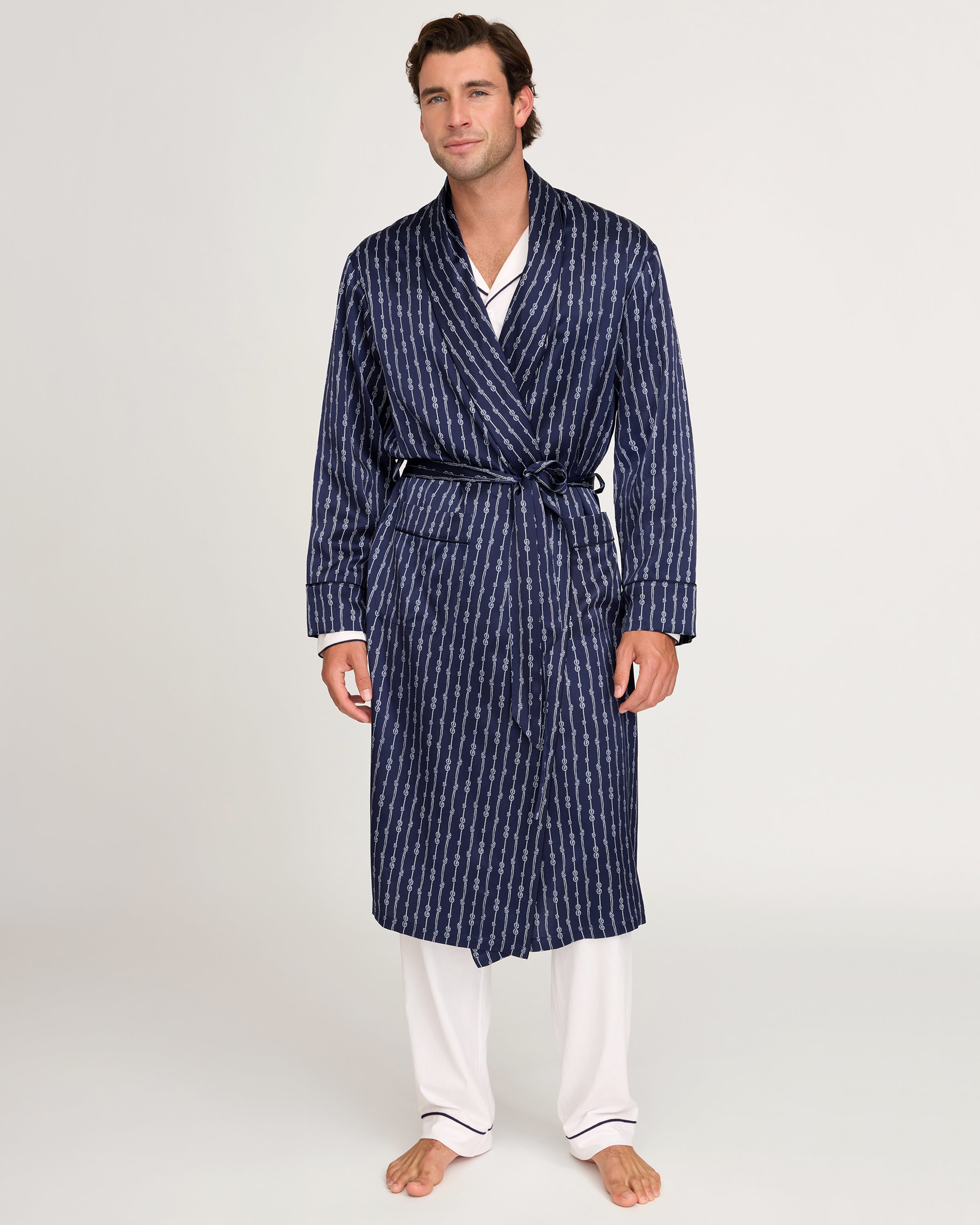 Men's Silk Long Robe in Nautical Knots