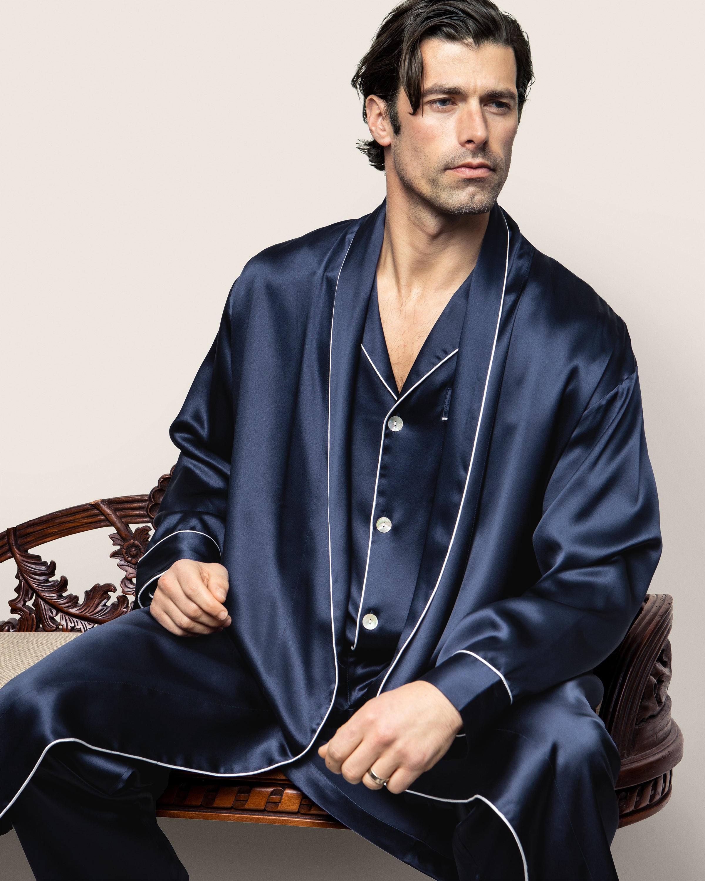 Mens Navy Silk Long Robe in Navy in Navy#Color_Navy