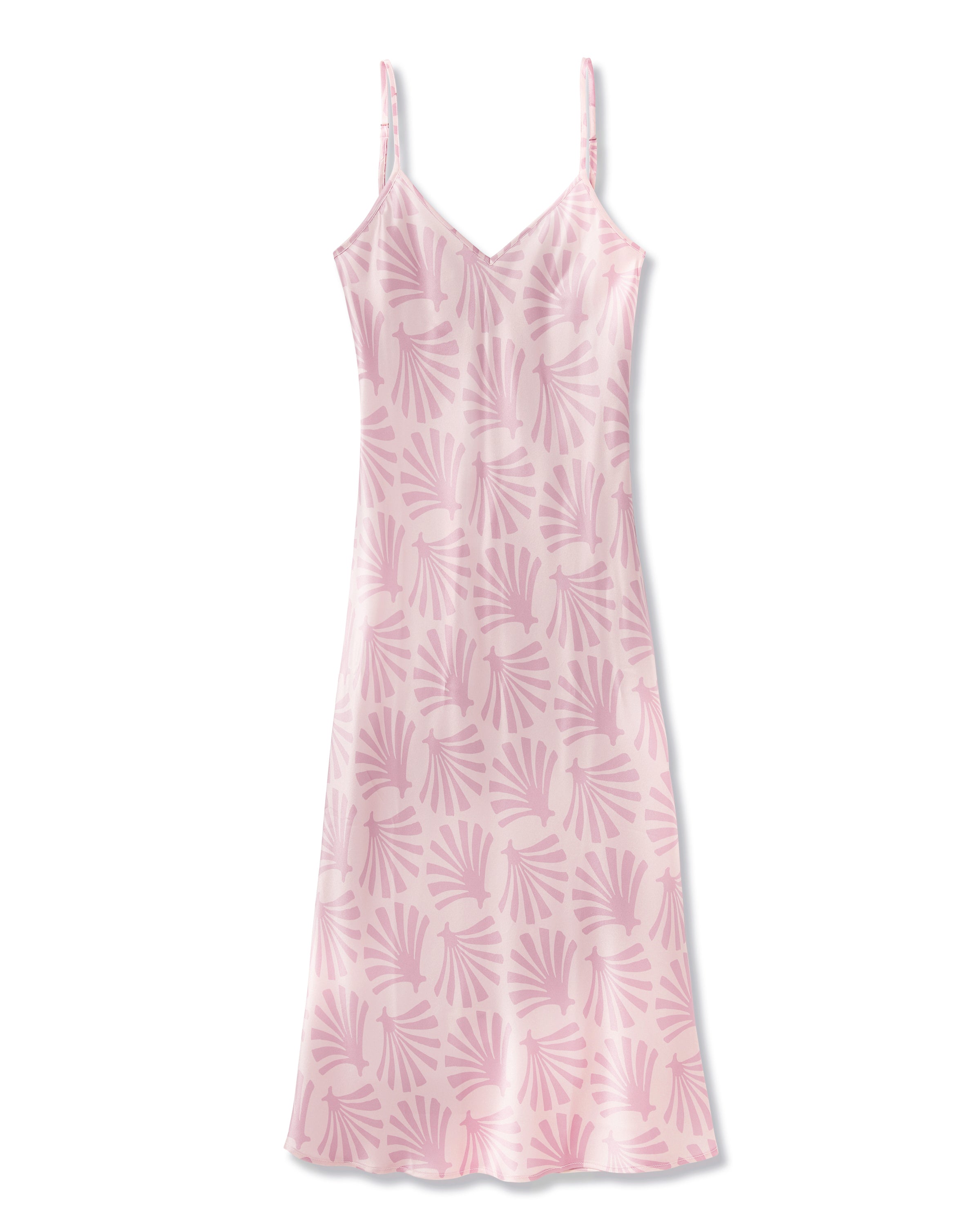The Women's Silk Cosette Nightgown in Blush Tide is a light pink sleeveless slip dress with thin straps and a subtle darker pink leaf pattern, shown laid flat on a white background.
