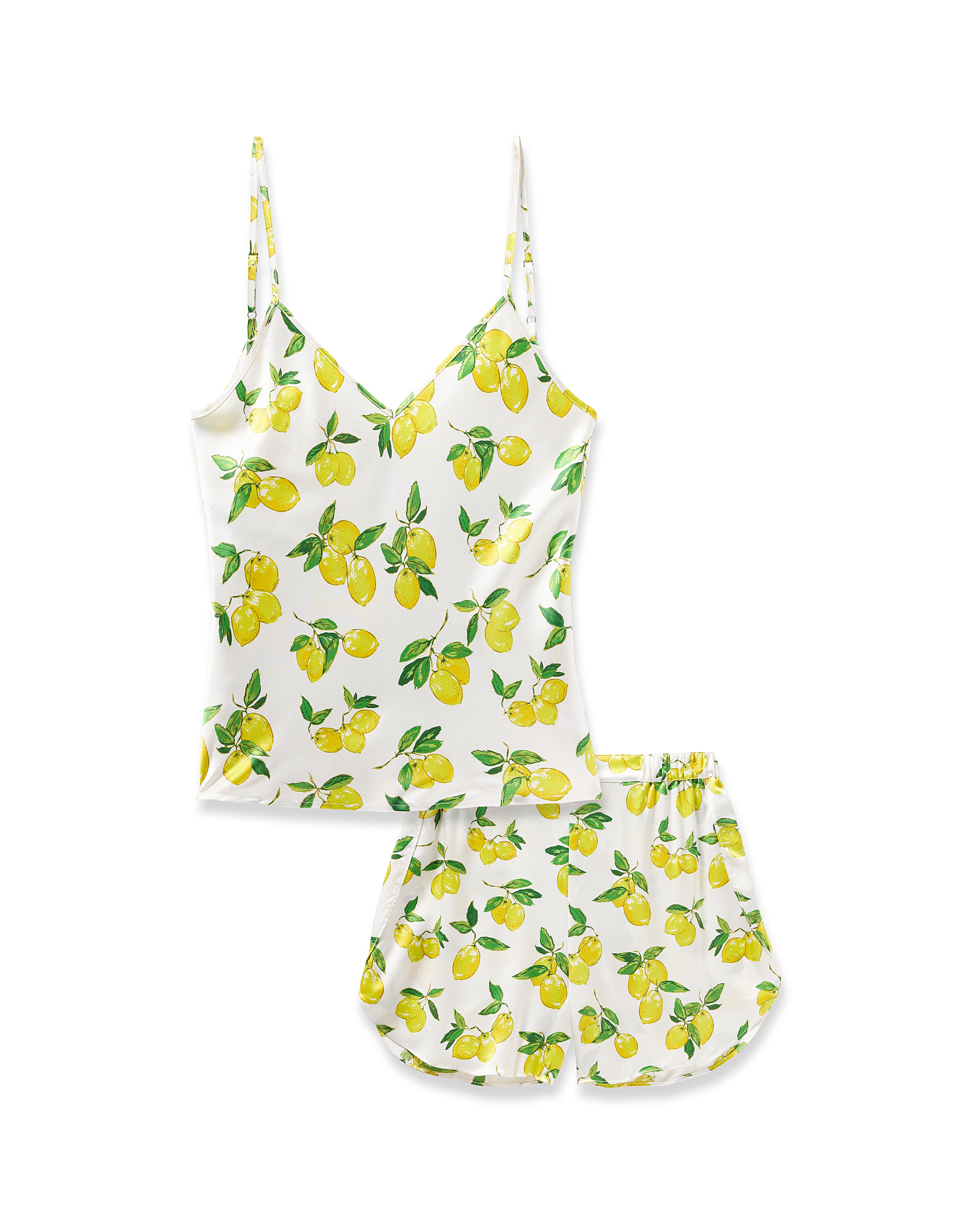 The Womens Silk Short Set in Amalfi Lemons by Petite Plume features a luxurious two-piece pajama ensemble with a lemon print on white mulberry silk, including a sleeveless top with thin straps and matching shorts for stylish and comfortable sleepwear.