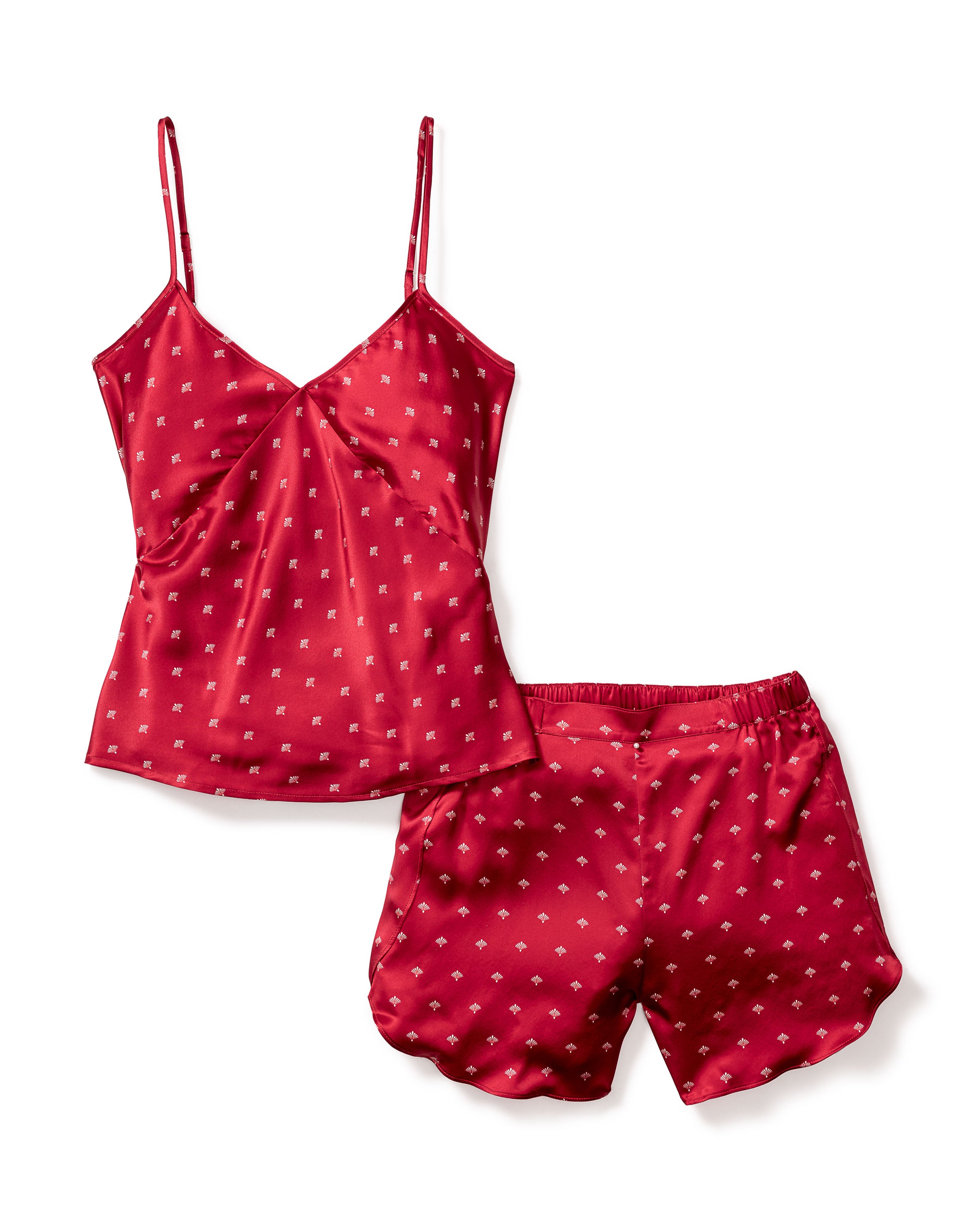 The Womens Silk Cami Short Set in Crimson Art Nouveau by Petite Plume includes a red mulberry silk camisole with thin straps and a low-cut neckline, adorned with Art Nouveau floral patterns. The matching shorts feature an elastic waistband for perfect comfort.