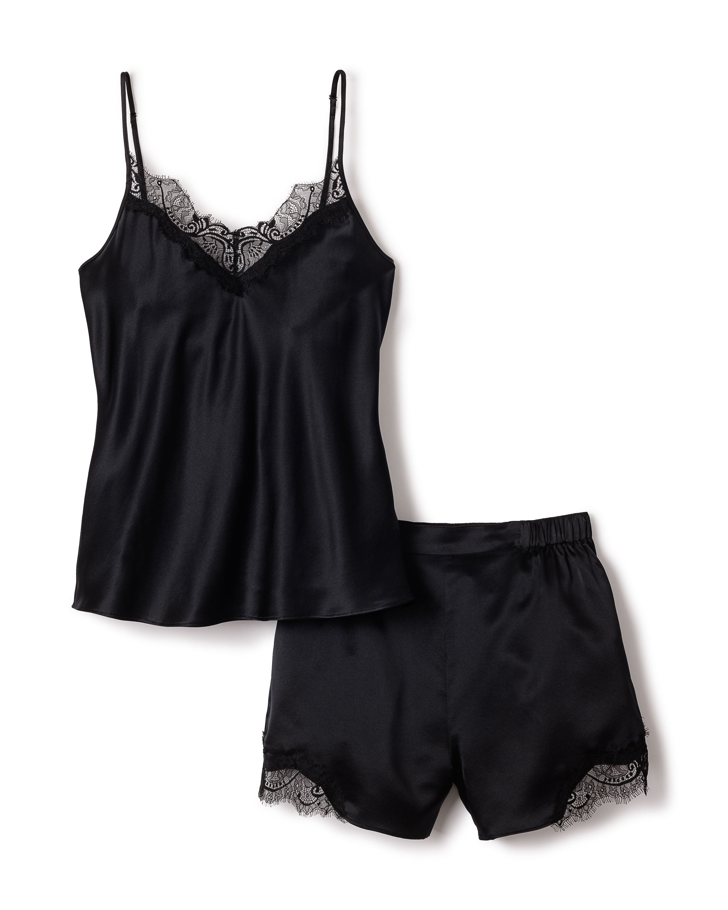 Women's Silk Lace Cami Short Set in Black in Black#Color_Black