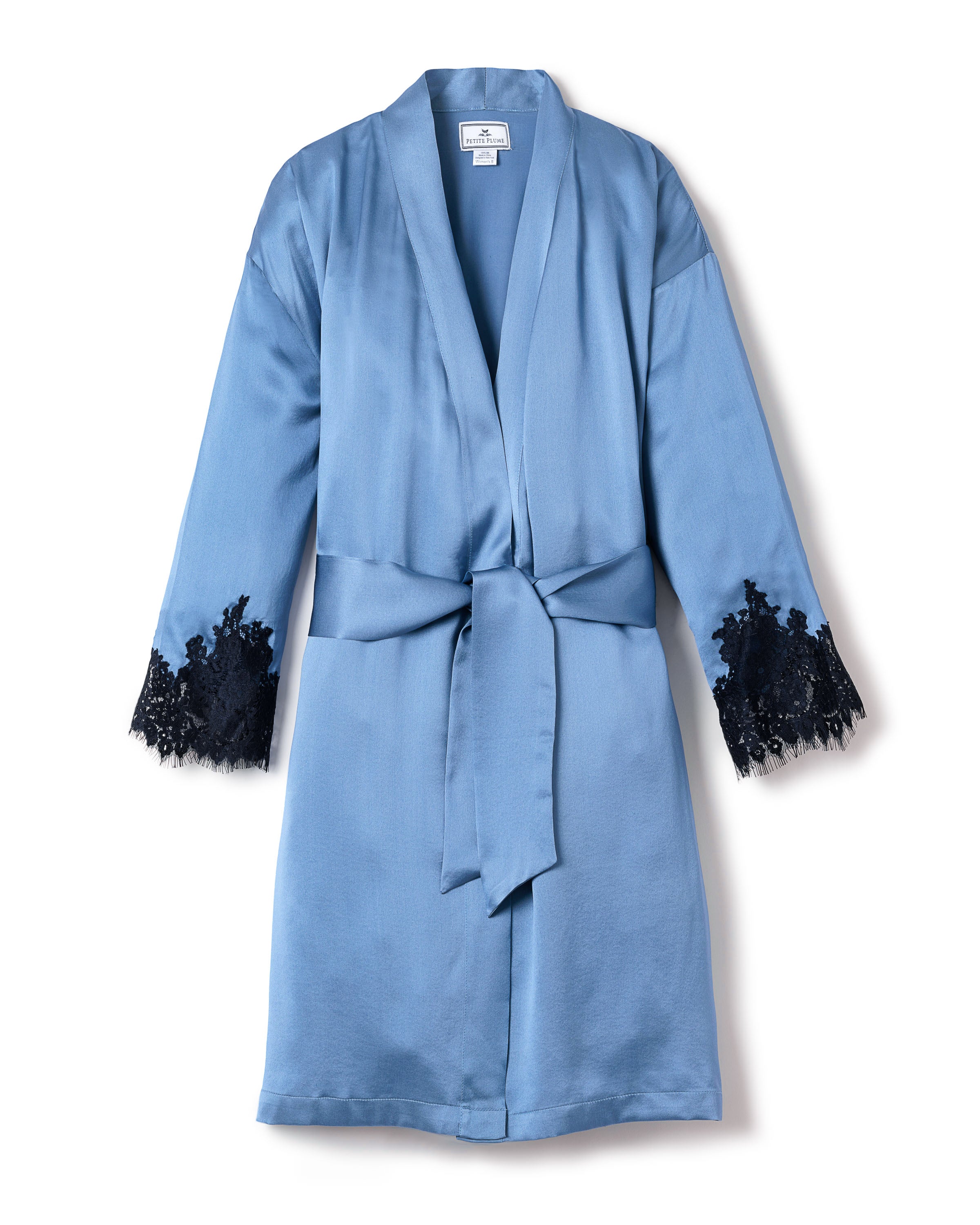 Women's Silk Lace Robe in Black in Mystique Blue#Color_Mystique Bluear.