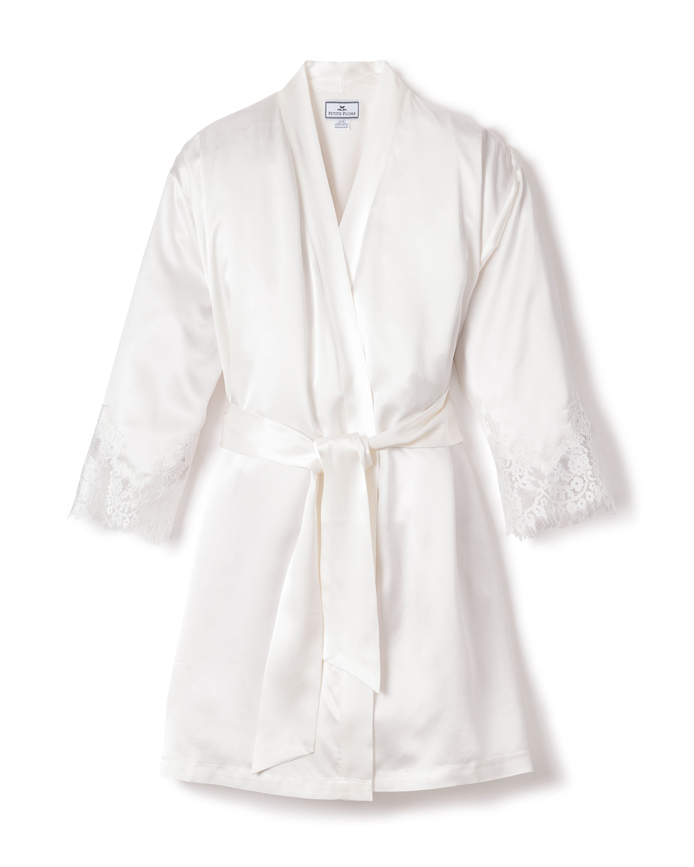 Women's Silk Lace Robe in Black in White#Color_White
