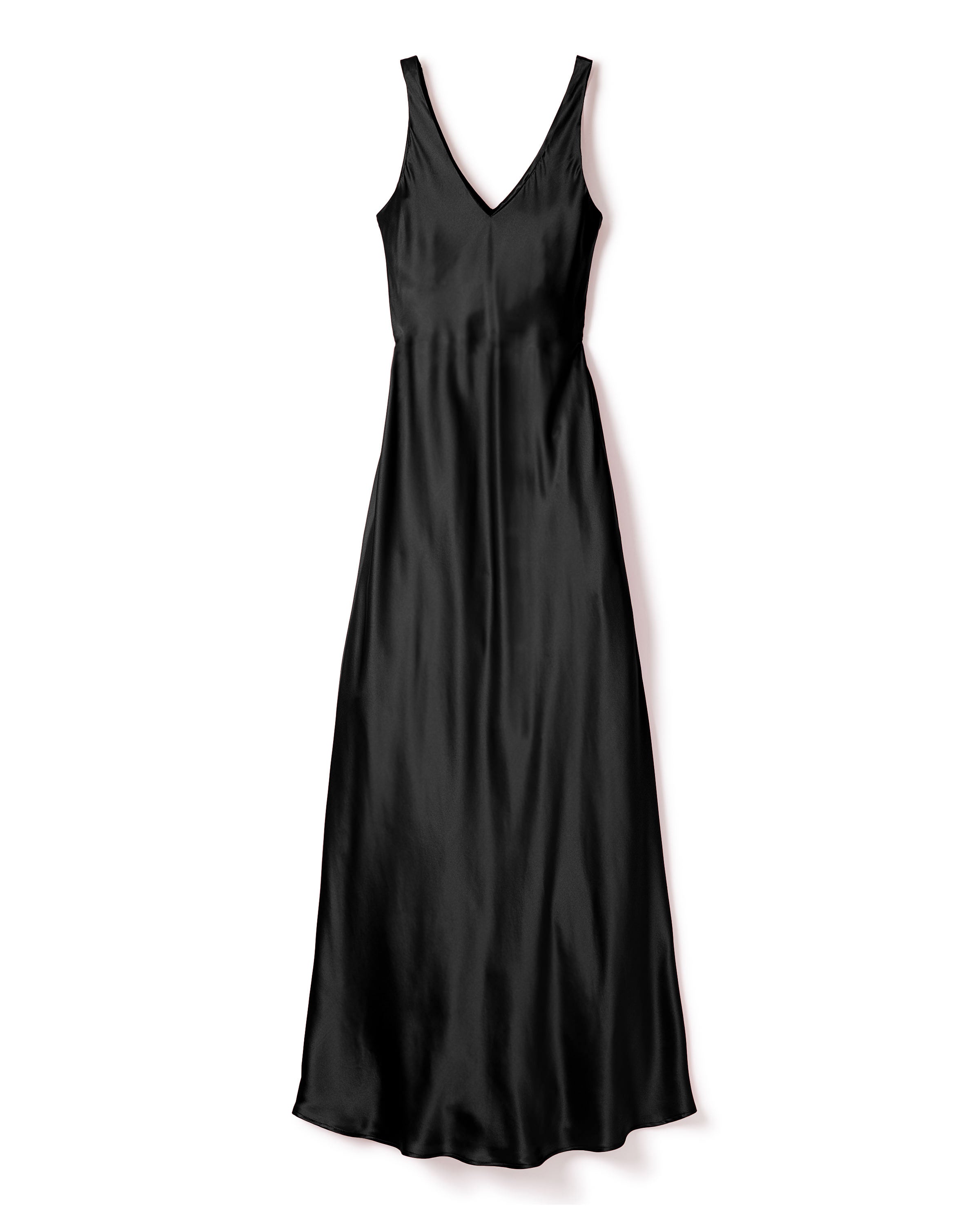 The Petite Plume Womens Silk Long Slip, a sleeveless black dress with a V-neckline, features shiny mulberry silk fabric, a fitted waist, and a flowing skirt. Displayed on a white background.