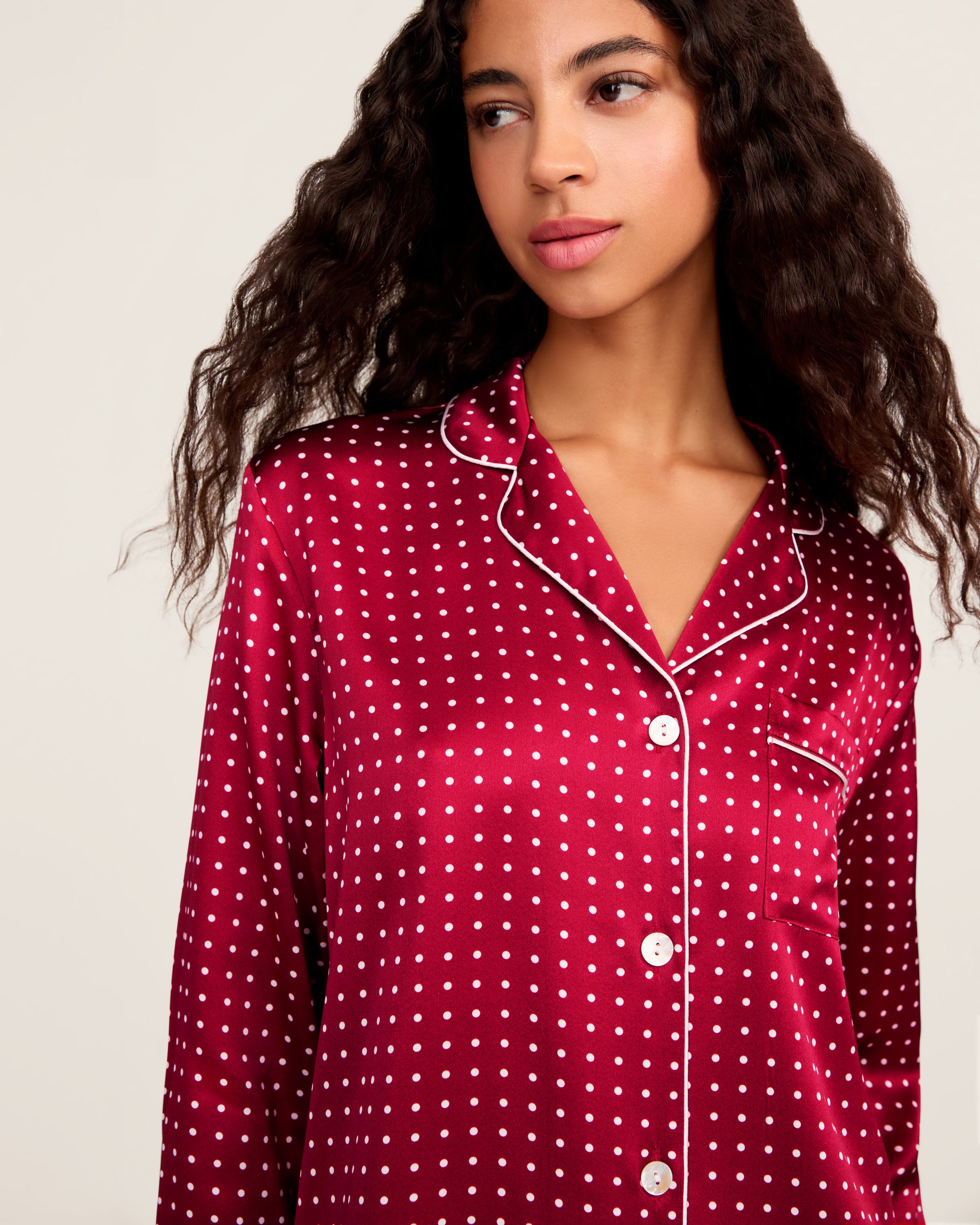 Women's Silk Pajama Set in Bordeaux Polka Dot