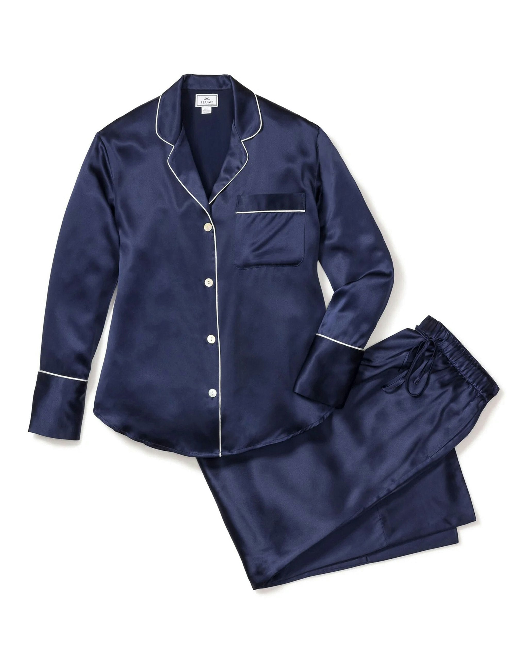Women's Silk Pajama Set in White in Navy#Color_Navy