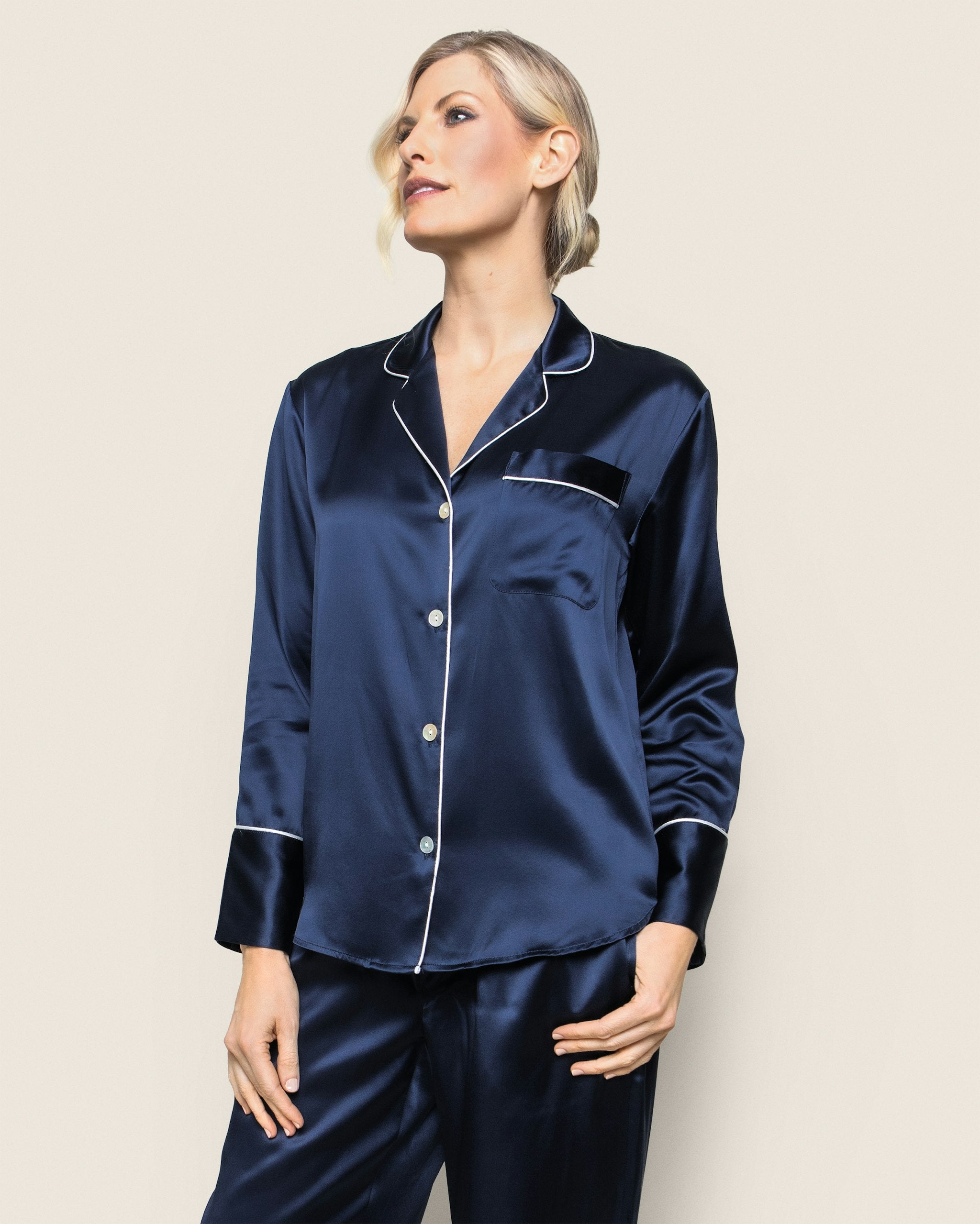 Women's Silk Pajama Set in White in Navy#Color_Navy