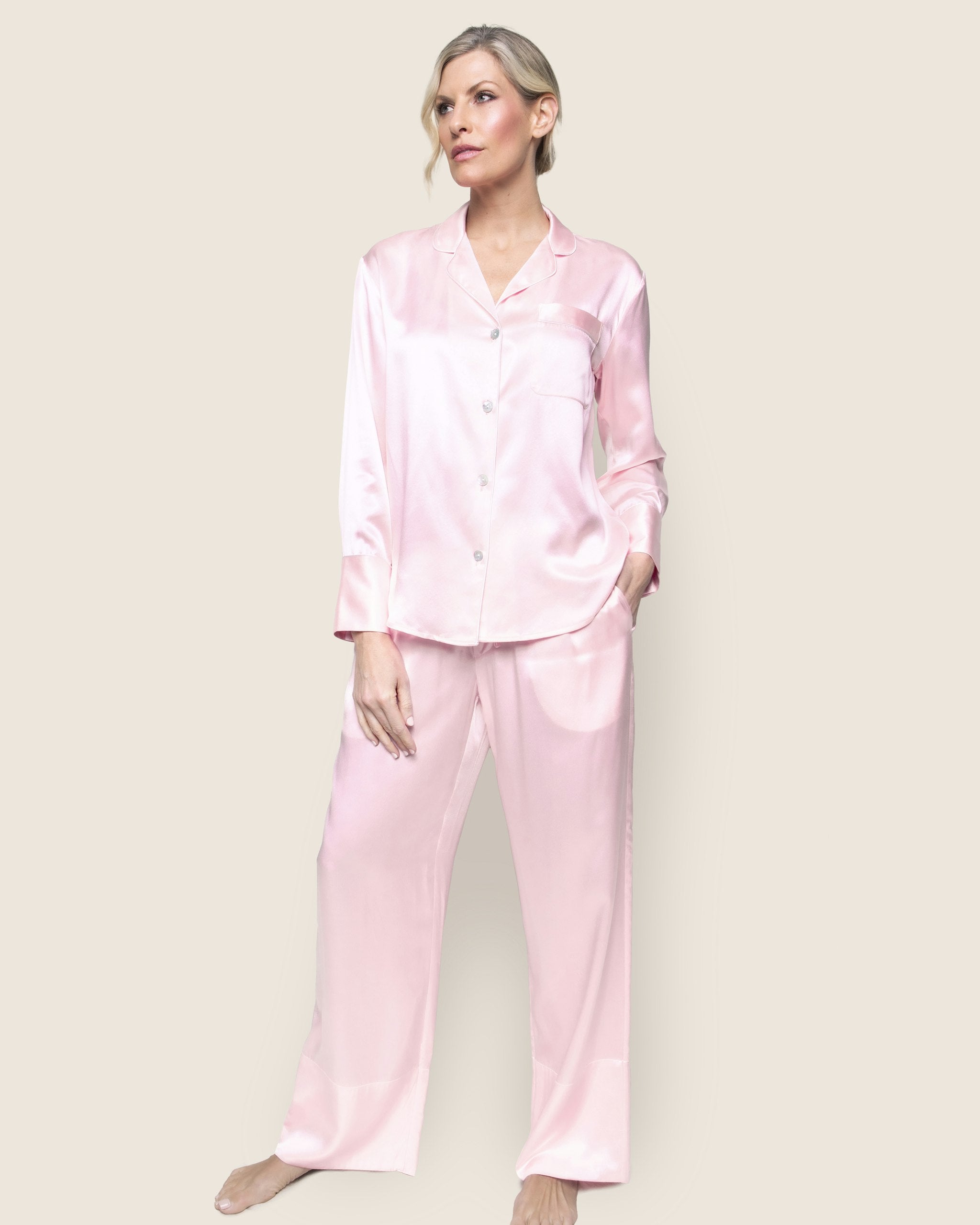 Women's Silk Pajama Set in White in Pink#Color_Pink