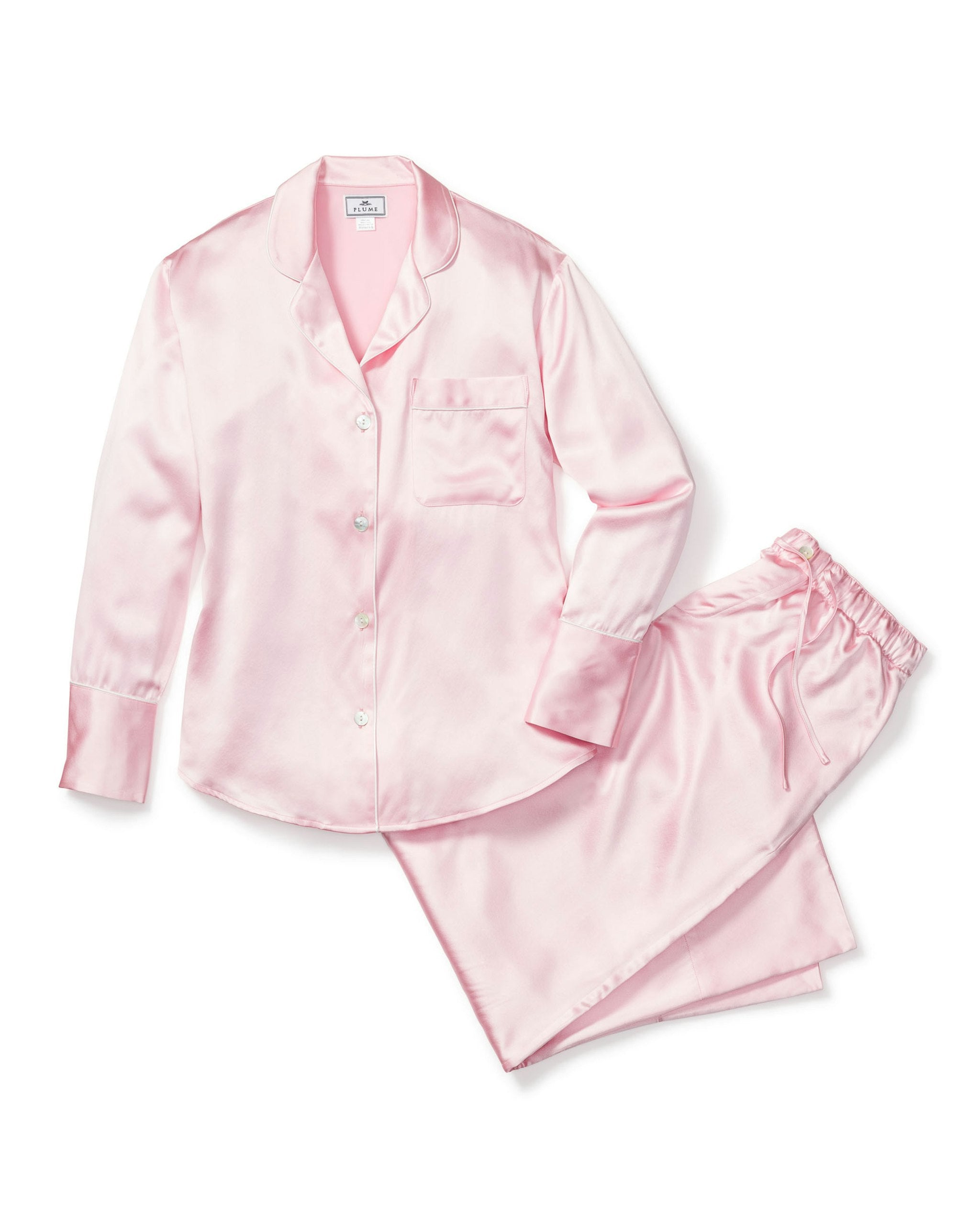 Women's Silk Pajama Set in White in Pink#Color_Pink