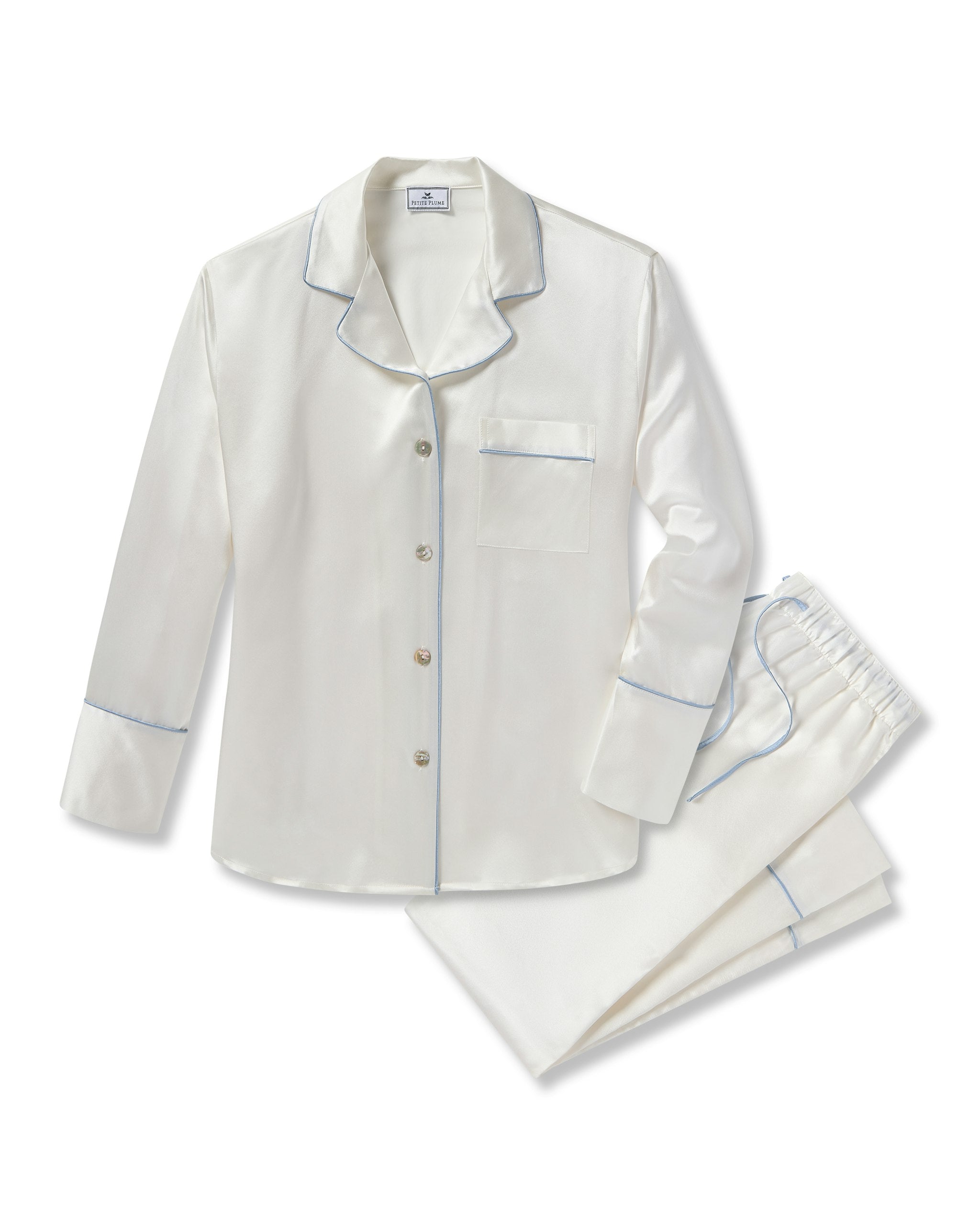 Women's Silk Pajama Set in Black in White w/Periwinkle Piping#Color_White w/Periwinkle Piping