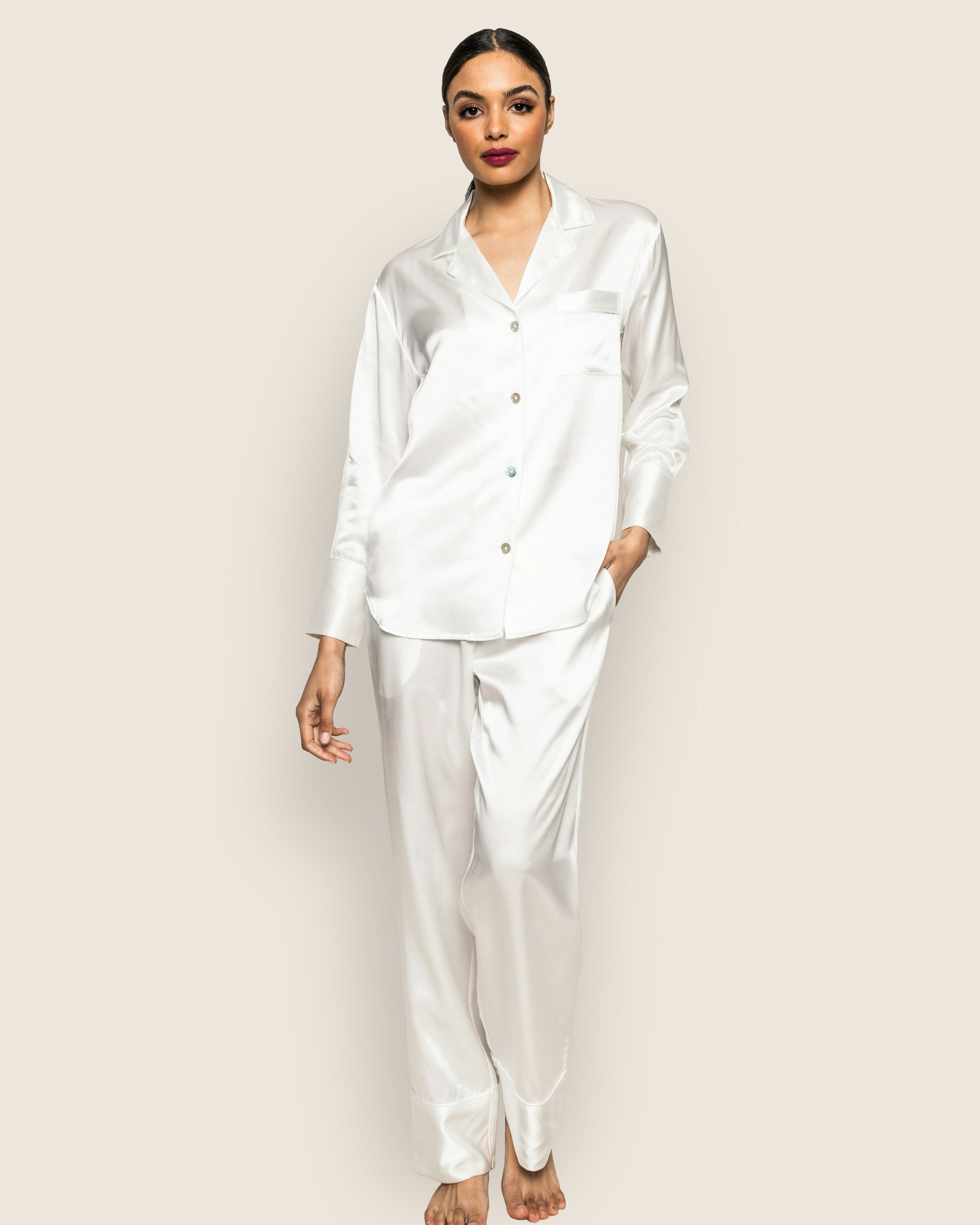 Women's Silk Pajama Set in White in White#Color_White