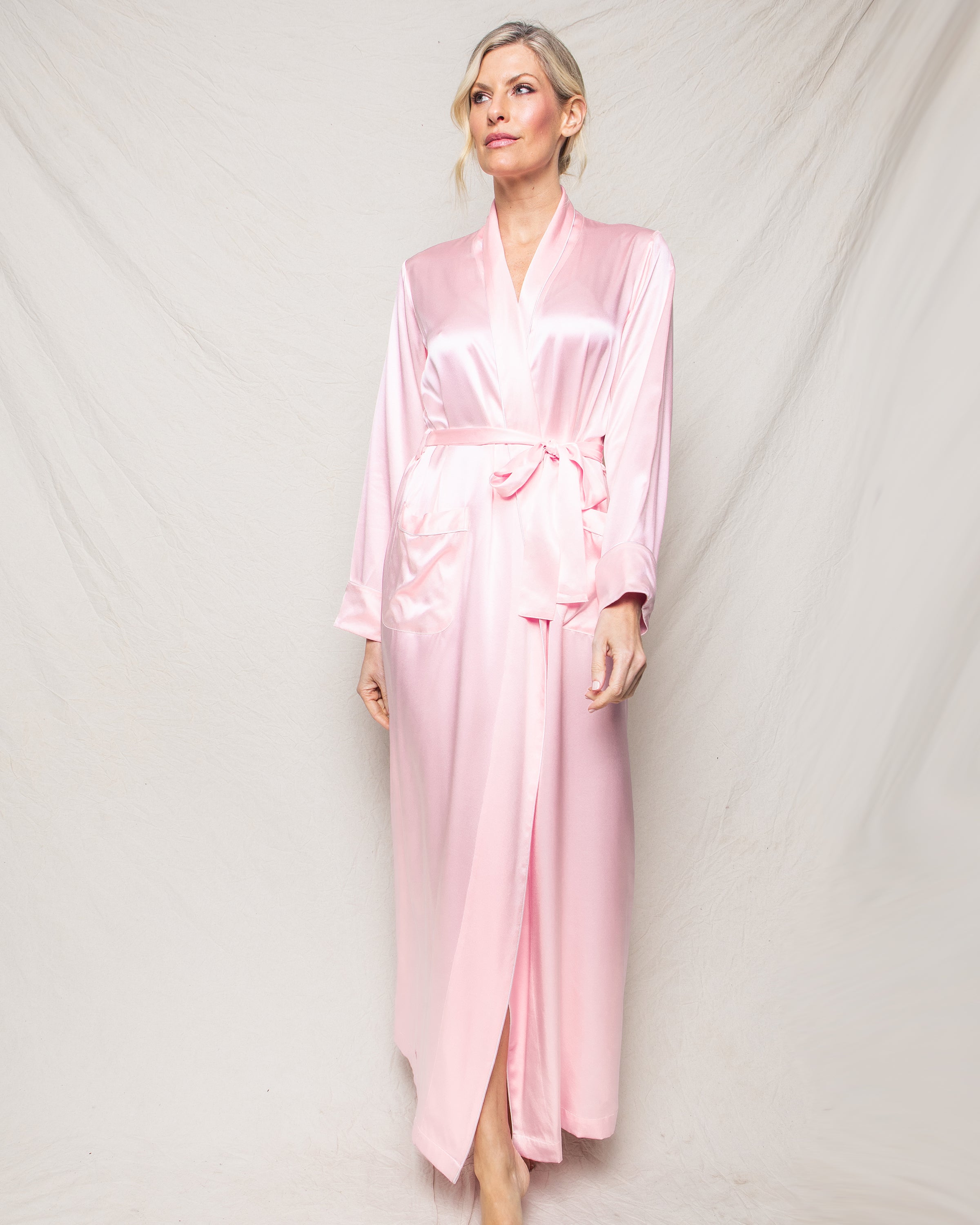 Pink Robe Back View Women's Silk Long Robe in Pink – Petite Plume