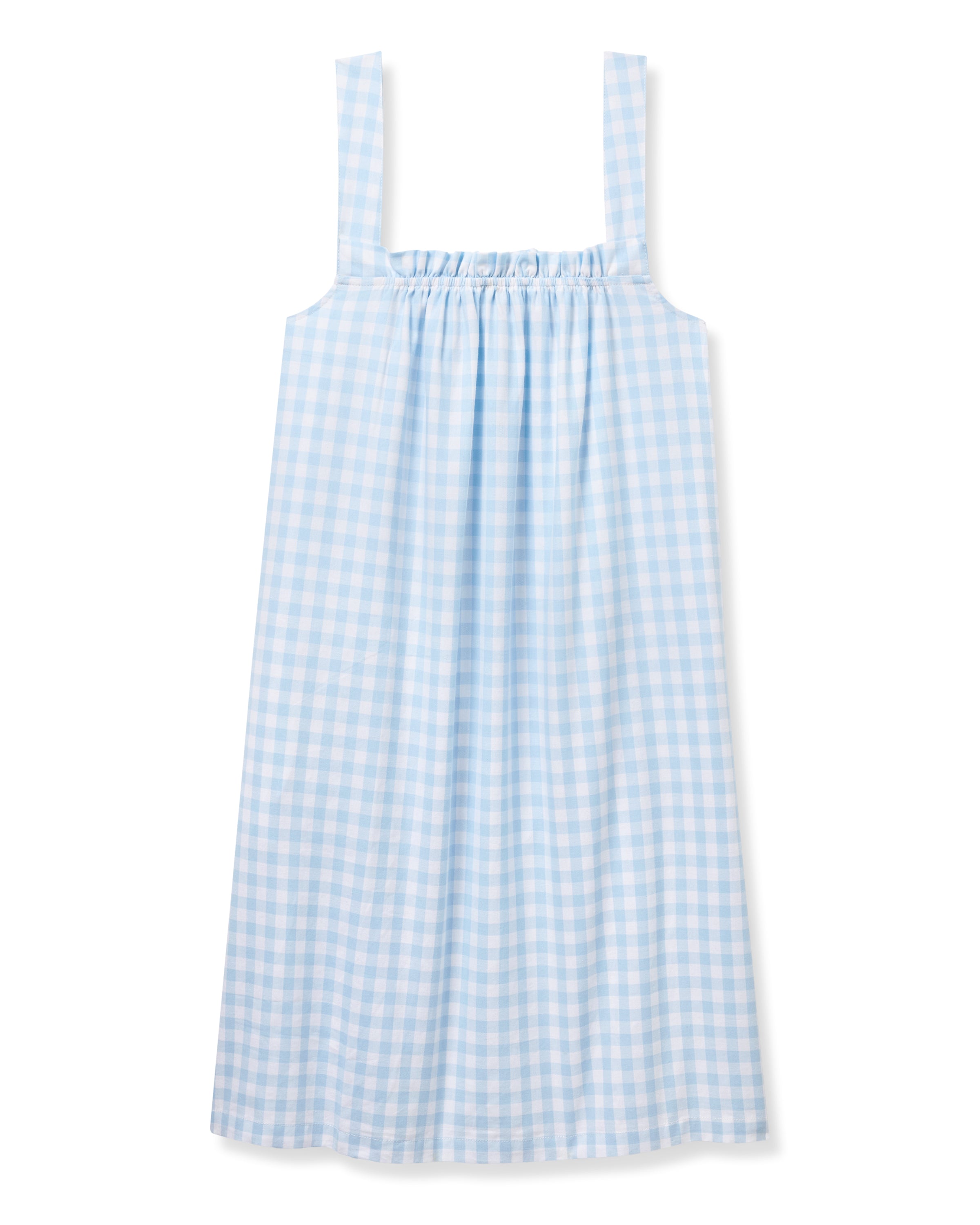The Women's Twill Annabelle Nightgown in Light Blue Gingham features wide shoulder straps, a light blue and white gingham pattern, a gathered elastic neckline, relaxed fit, and above-knee length.