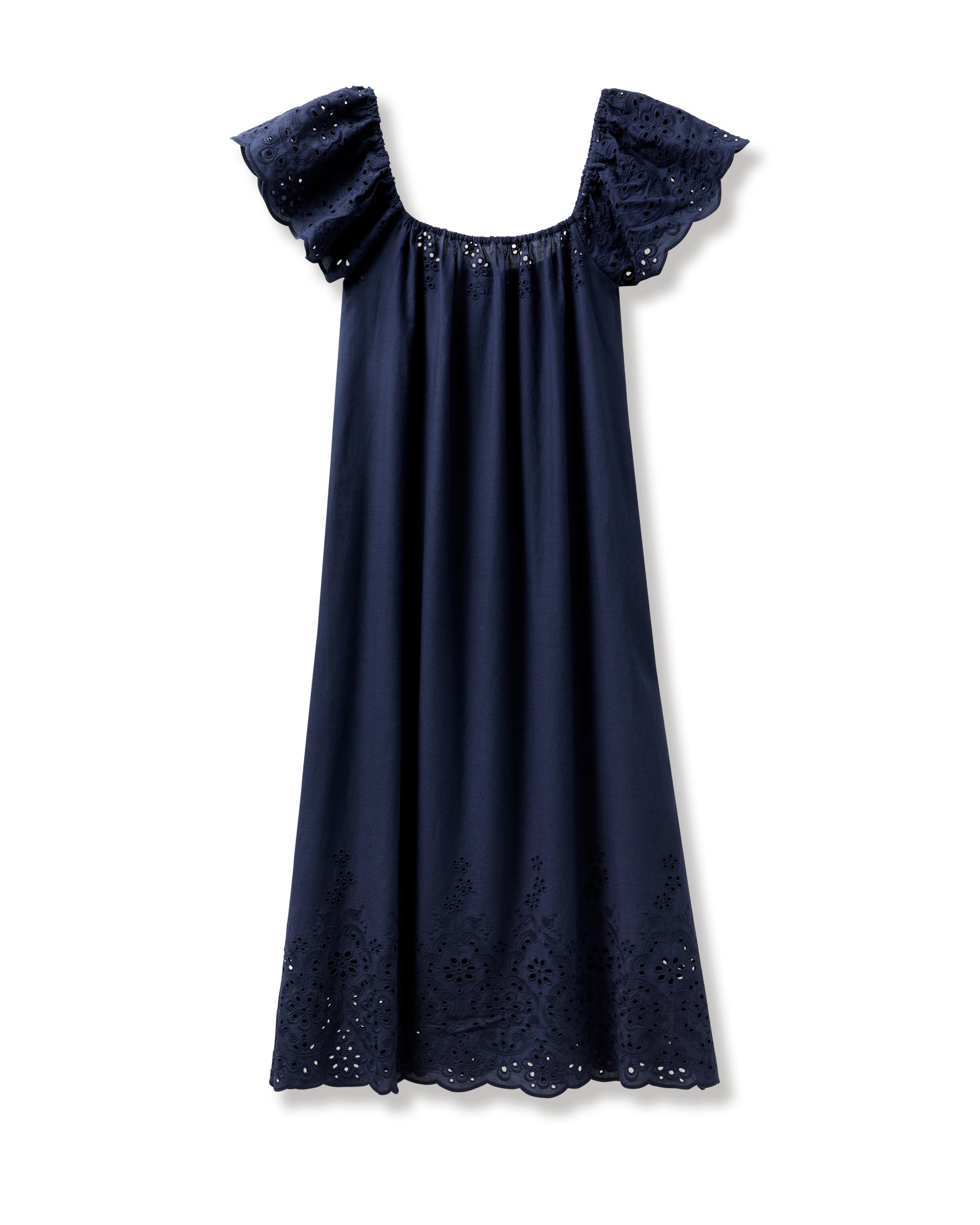 The Womens Twill Ava Nightgown in Navy by Petite Plume features an off-the-shoulder design with eyelet details on the sleeves and hem. Made from high-quality cotton, its loose flow and scalloped edges with intricate floral patterns resemble luxurious sleepwear.