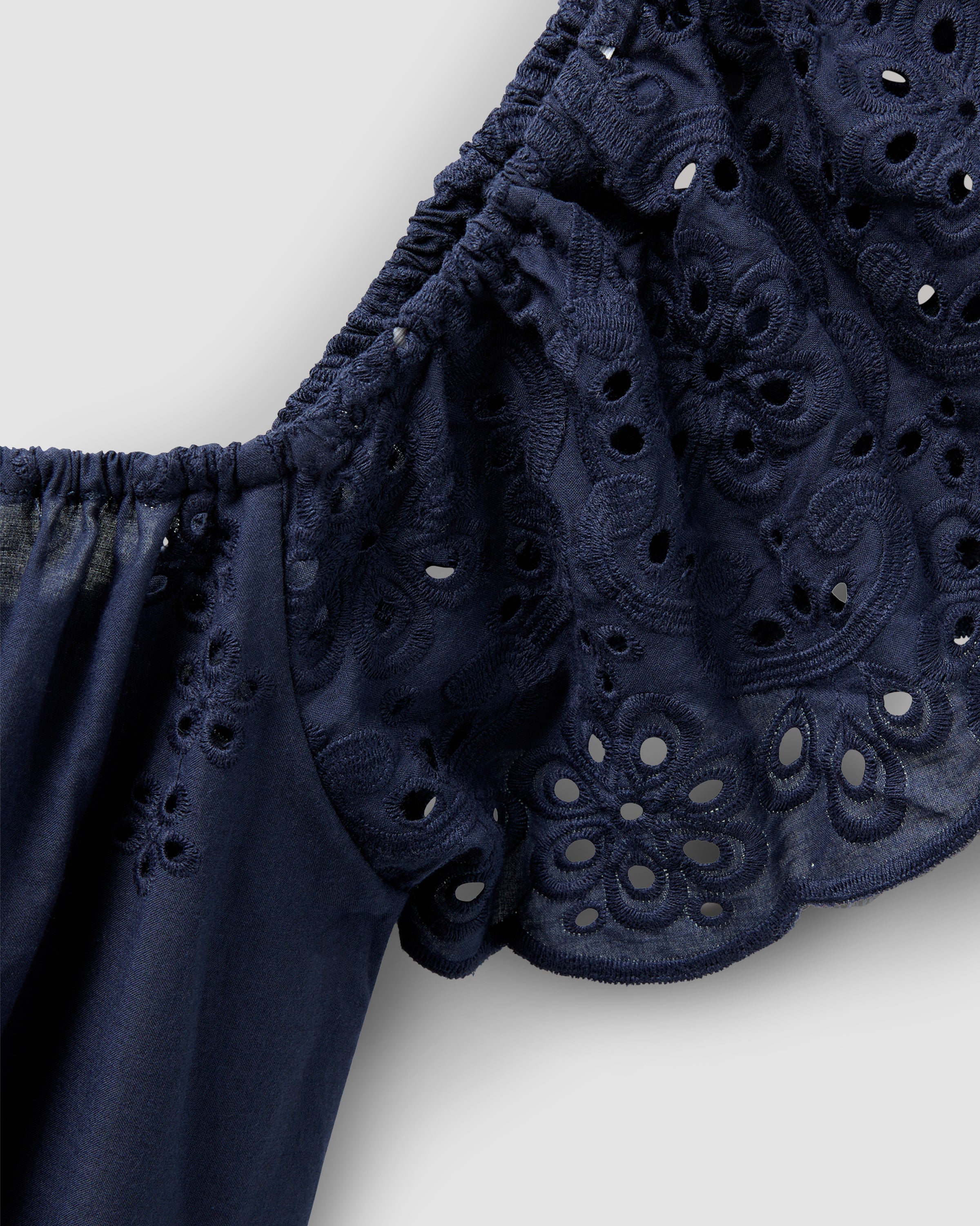Close-up of a Womens Twill Ava Nightgown in Navy by Petite Plume, showcasing dark blue fabric with intricate lace embroidery and eyelet details. Crafted from premium cotton, it features ruffled edges and an elastic band against a solid light gray background.