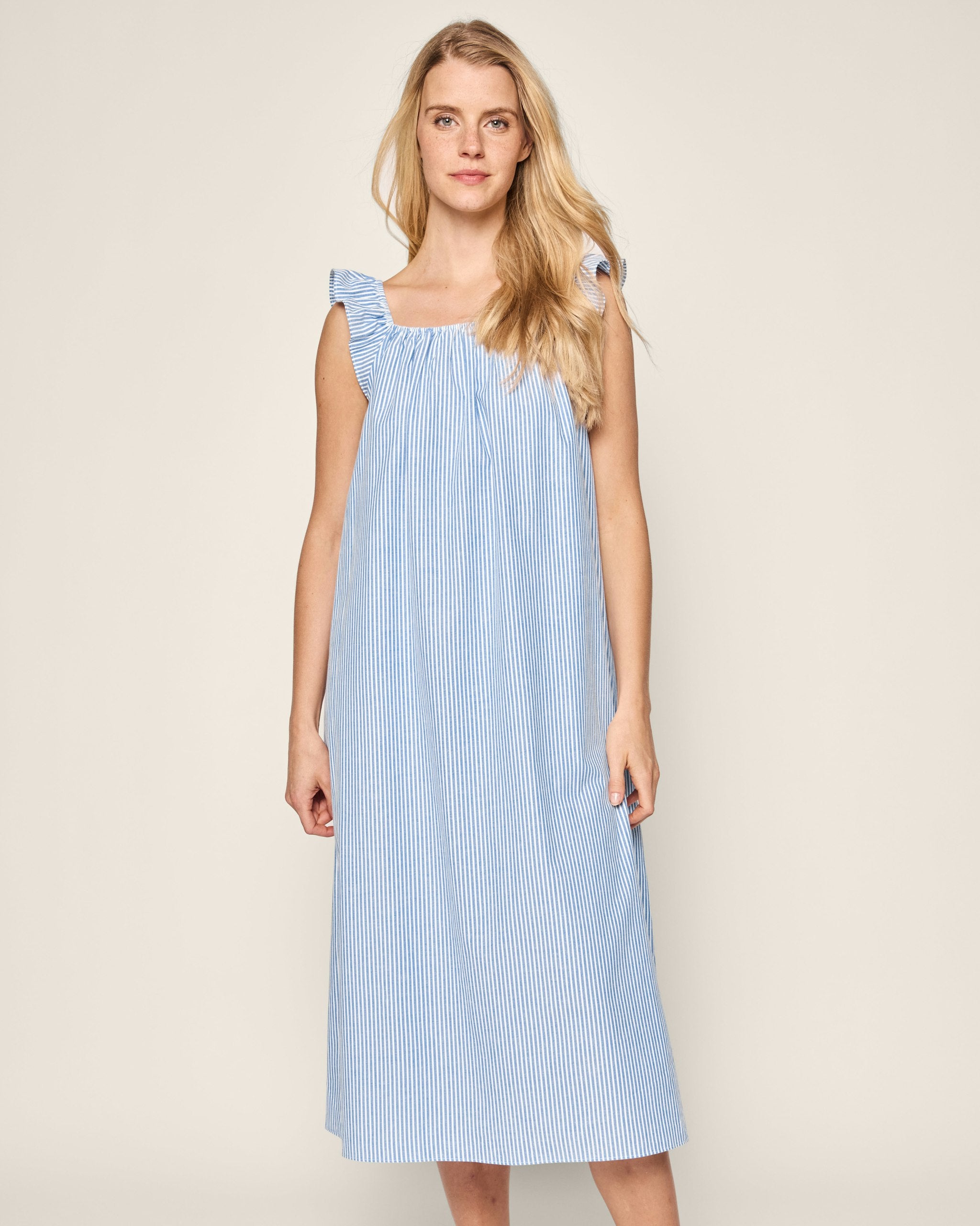 Women's Twill Clementine Nightgown in French Blue Stripes in French Blue Stripes#Color_French Blue Stripes