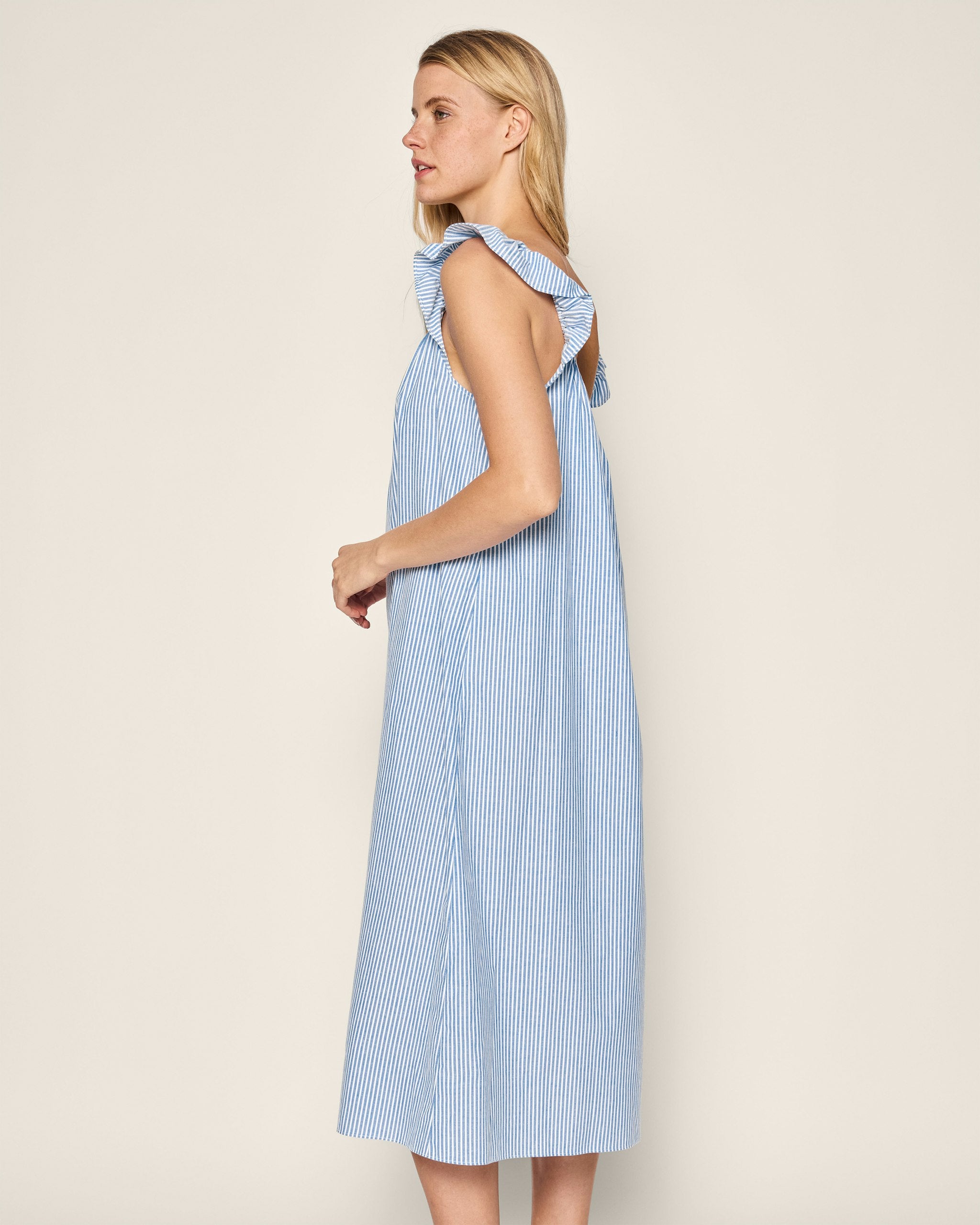 Women's Twill Clementine Nightgown in French Blue Stripes in French Blue Stripes#Color_French Blue Stripes