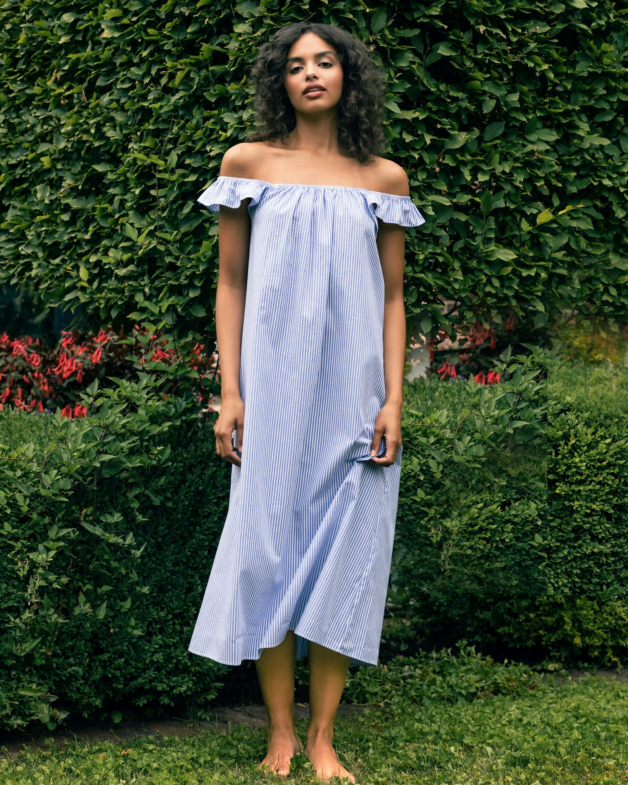 Women's Twill Clementine Nightgown in French Blue Stripes in French Blue Stripes#Color_French Blue Stripes
