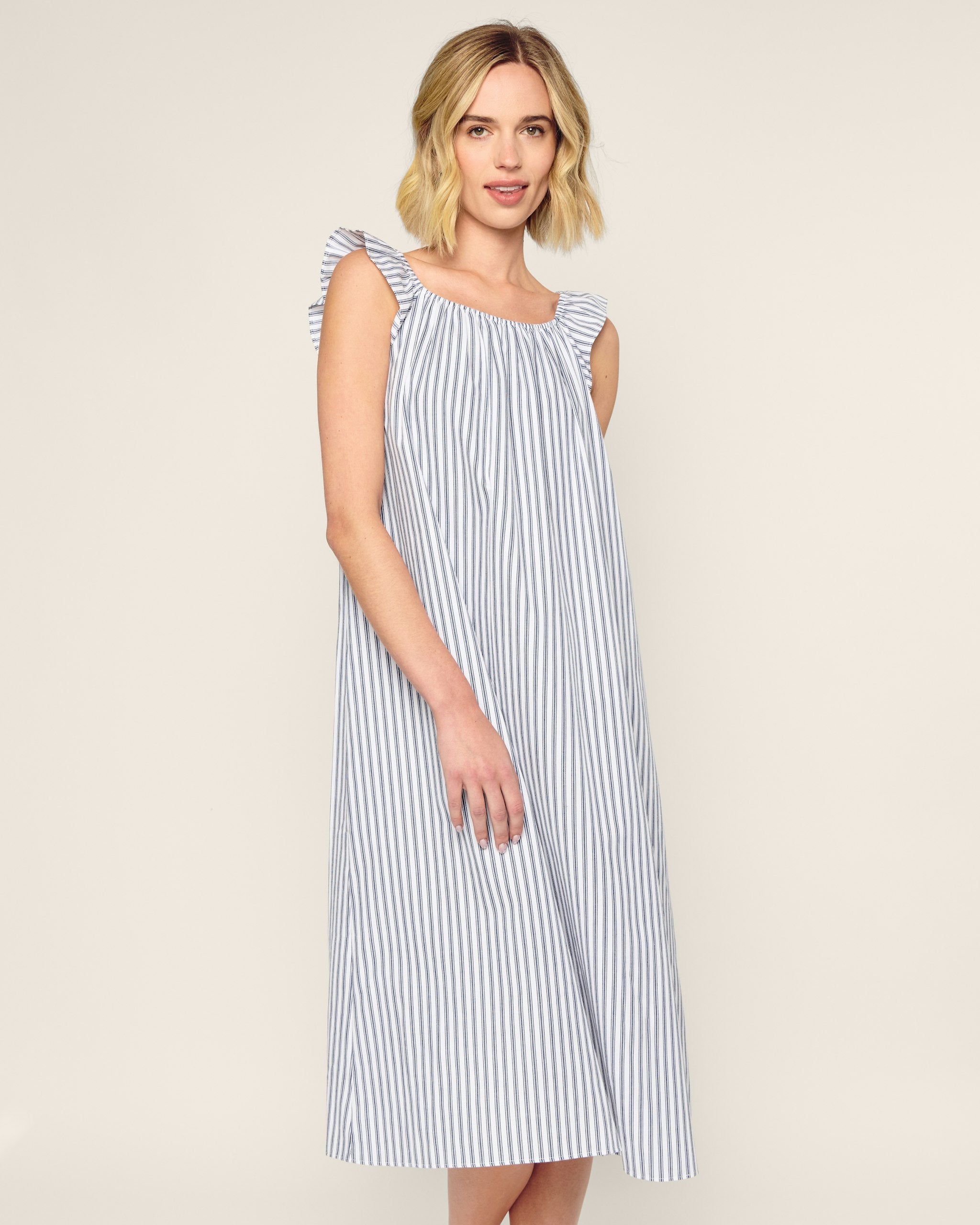 Women's Twill Clementine Nightgown in French Blue Stripes in Navy French Ticking#Color_Navy French Ticking