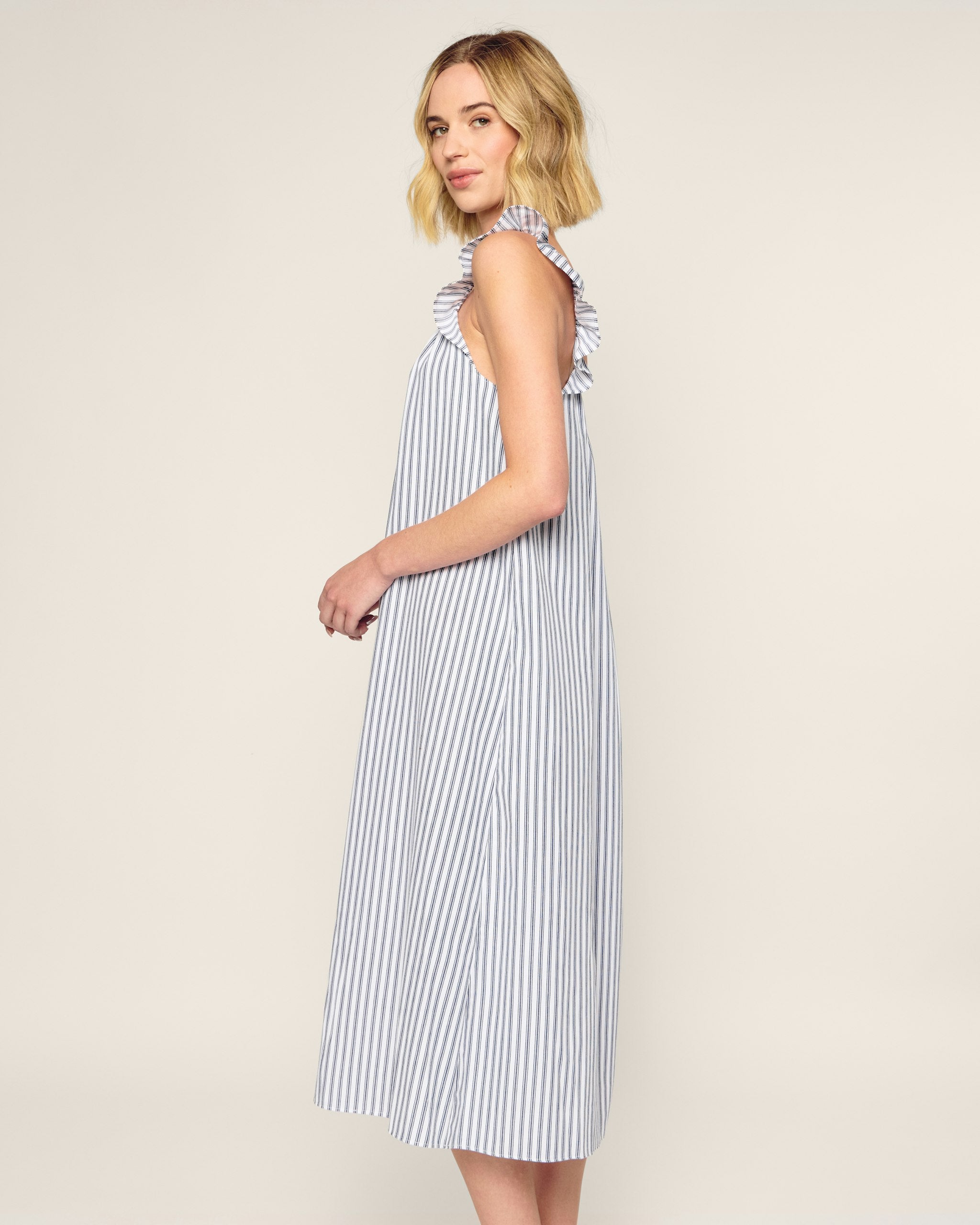 Women's Twill Clementine Nightgown in French Blue Stripes in Navy French Ticking#Color_Navy French Ticking