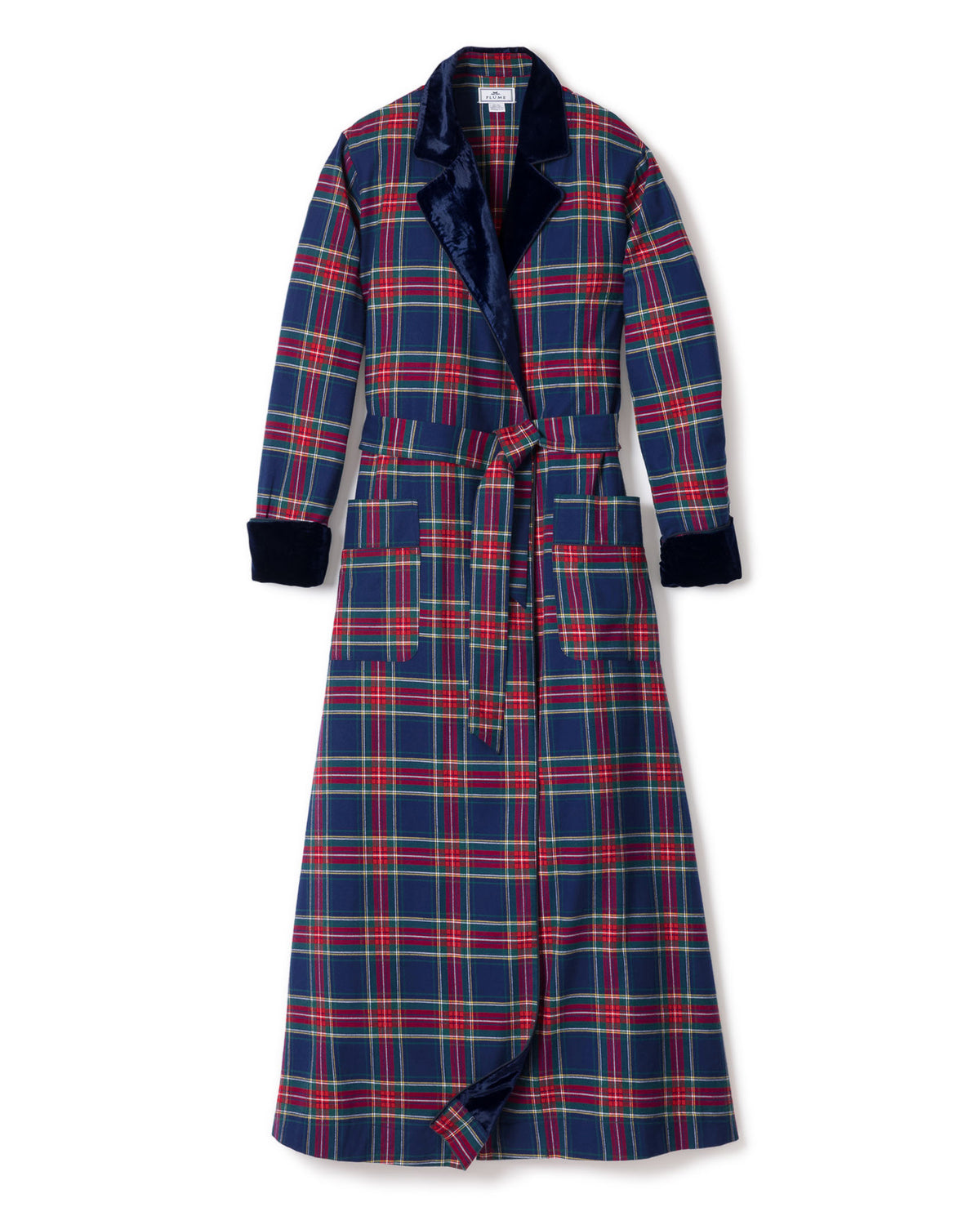 flannel dressing gown ladies Women's Brushed Twill Velvet Trim Robe in Windsor Tartan MWC_Sage Green