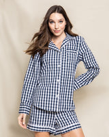 Women's Navy Gingham Long Sleeve Short Set