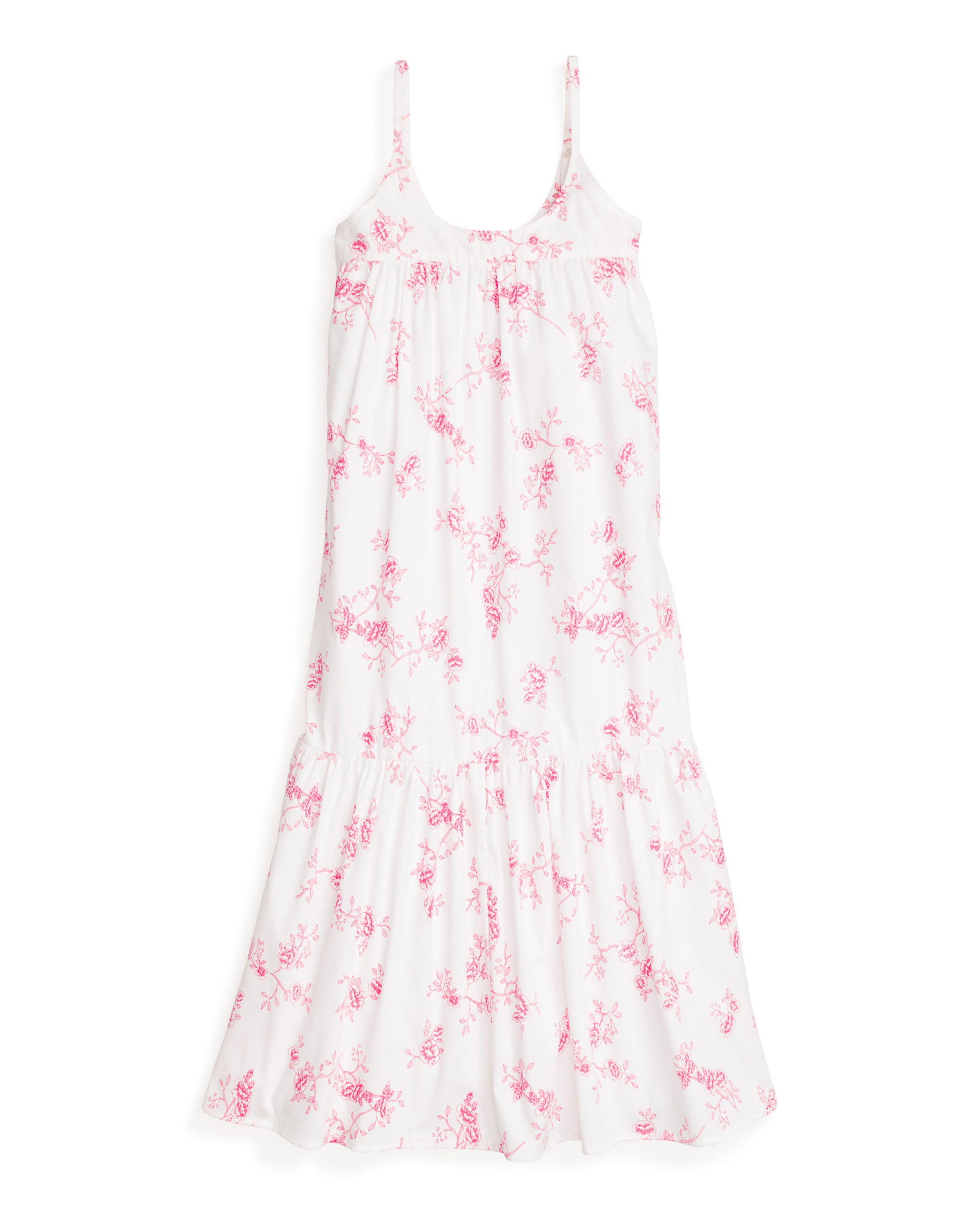 The Womens Twill Chloe Nightgown in English Rose Floral by Petite Plume features pink floral patterns. With thin straps and a flowing, layered skirt, this white sundress-style nightgown offers a light, summery look with vintage charm.