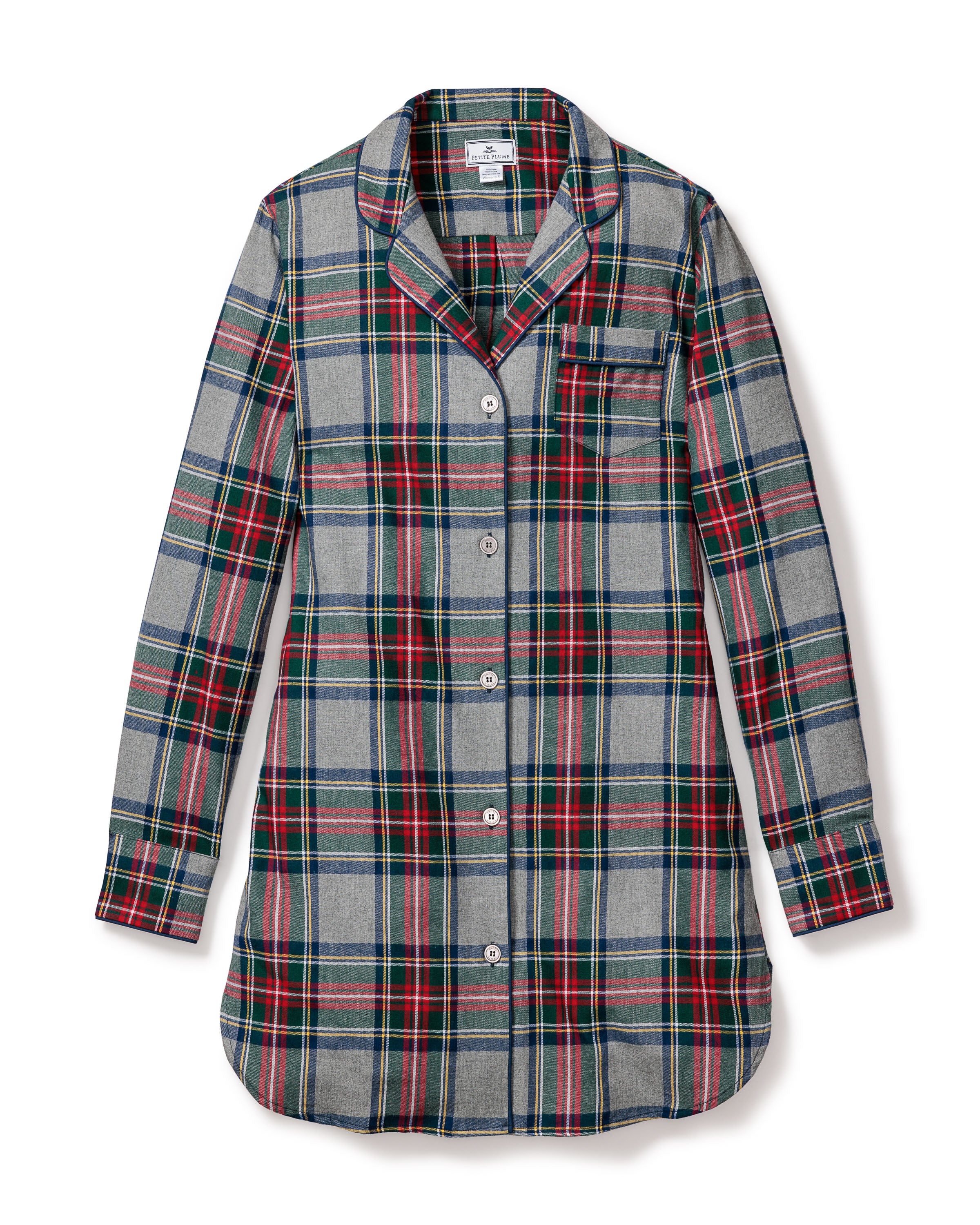 The Womens Brushed Cotton Nightshirt by Petite Plume showcases a refreshing twist on Westminster Tartan with red, green, and blue hues on grey. Featuring a button-up front, chest pocket, classic collar, and rounded hem, it offers premium comfort in timeless style.