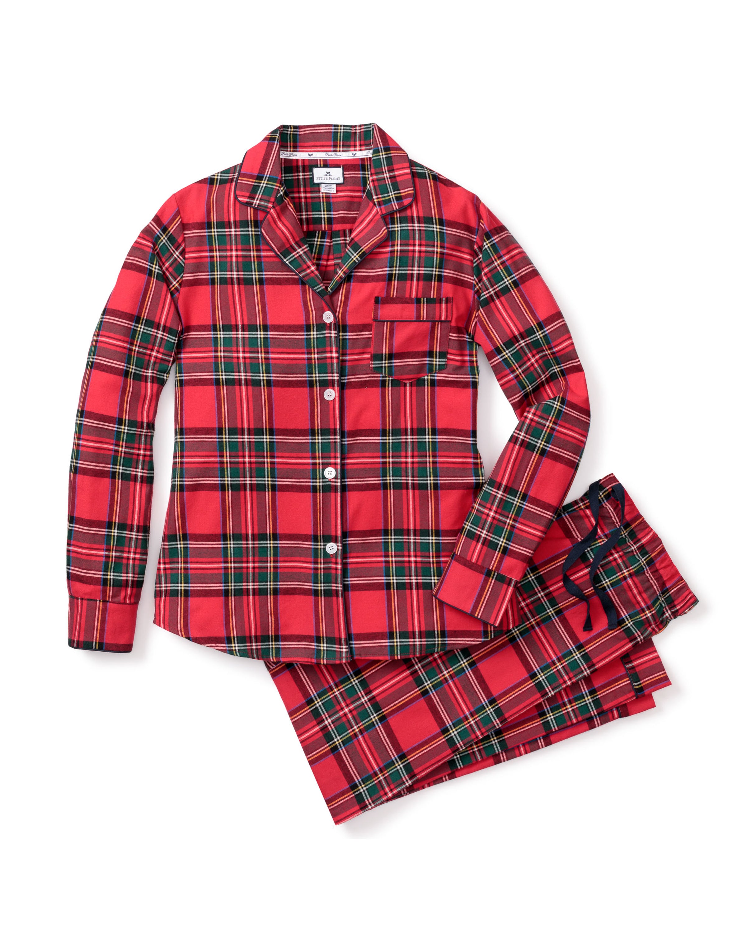 Petite Plumes Womens Brushed Cotton Pajama Set in Imperial Tartan features red and green plaid pajamas with a soft cotton twill long-sleeve button-up shirt, a chest pocket, white buttons, and matching pants with a comfortable drawstring.