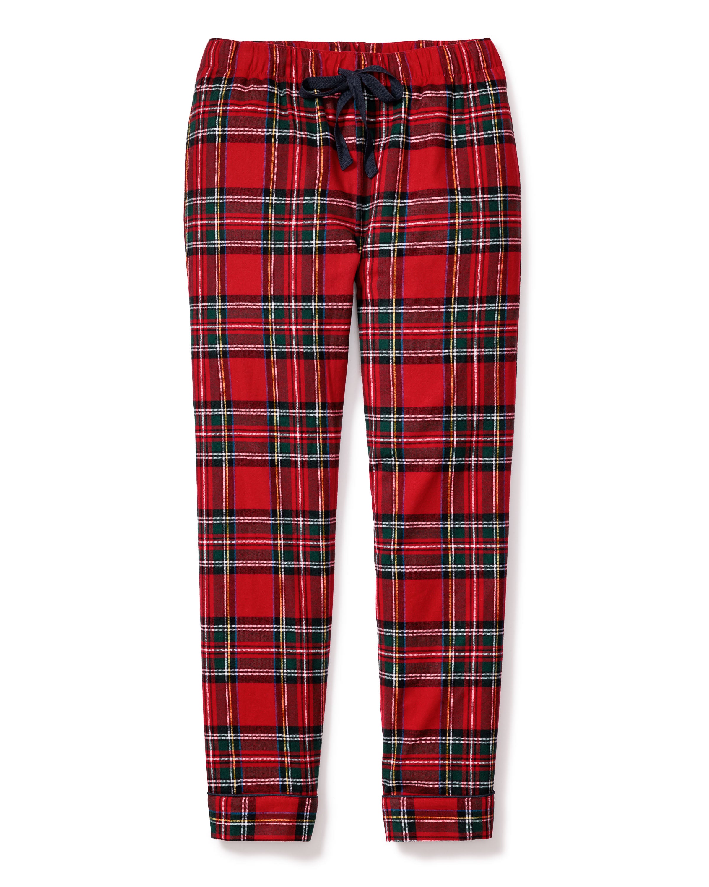 Experience luxurious sleep with Petite Plumes Womens Brushed Cotton Pants in Imperial Tartan, featuring a blend of red and black plaid with green accents, an elastic waist, and a black drawstring elegantly displayed on a plain white background.
