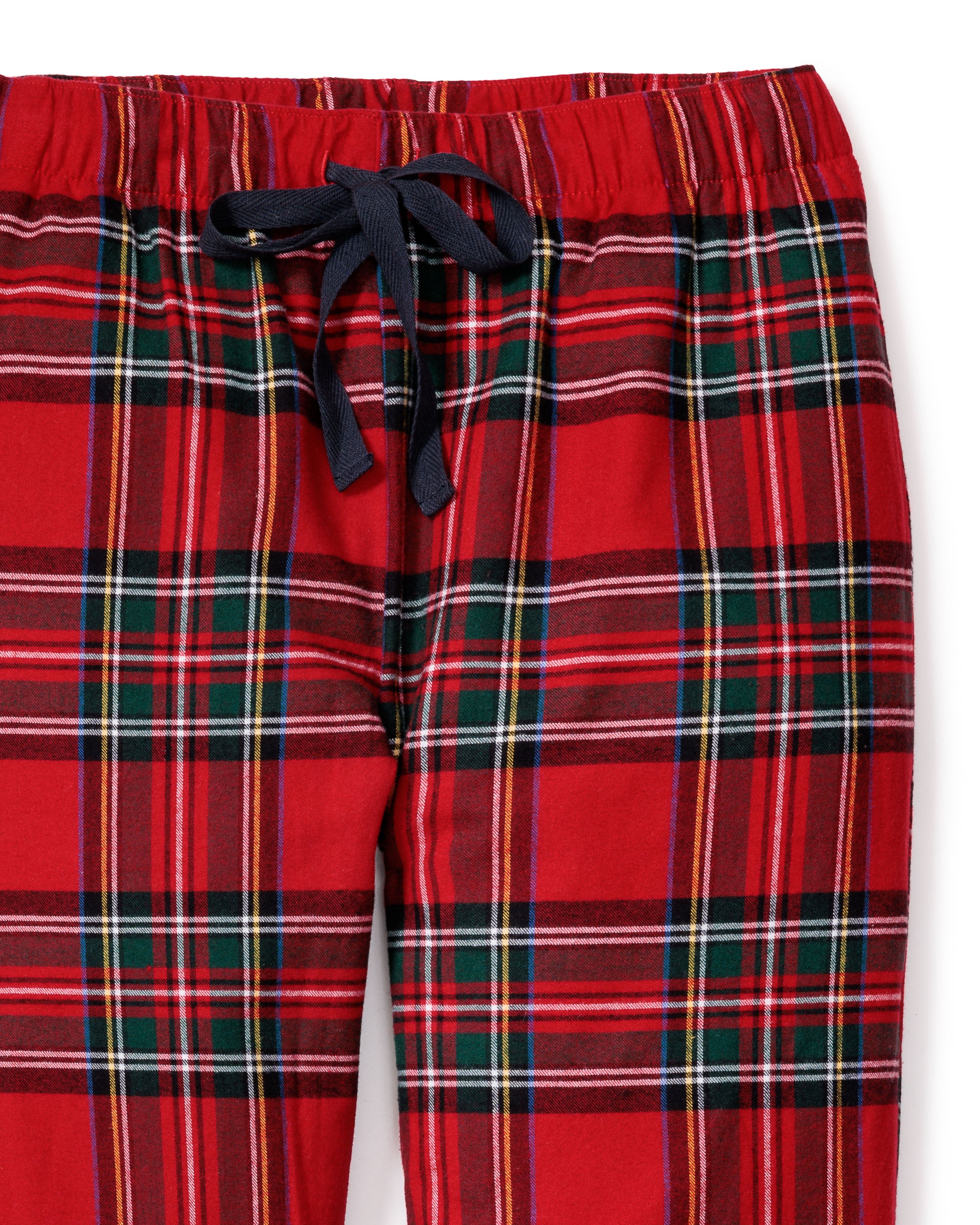 Close-up of Petite Plumes Womens Brushed Cotton Pants in Imperial Tartan, featuring a classic Scottish plaid pattern with green, white, and yellow stripes. These luxury sleepwear pants include a black drawstring waist for easy adjustment.