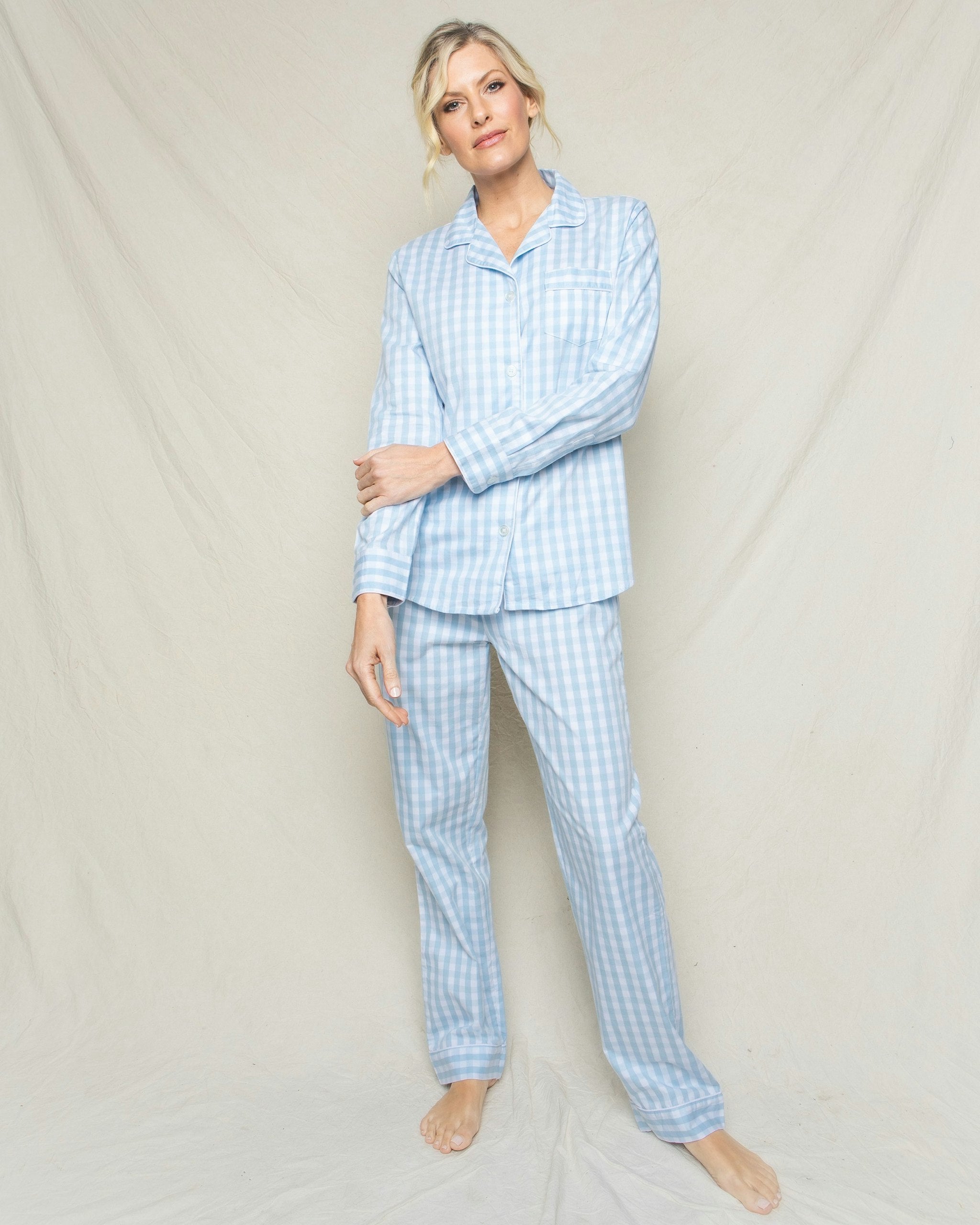 Women's Twill Pajama Set in Pink Gingham in Light Blue Gingham#Colorway_Light Blue Gingham