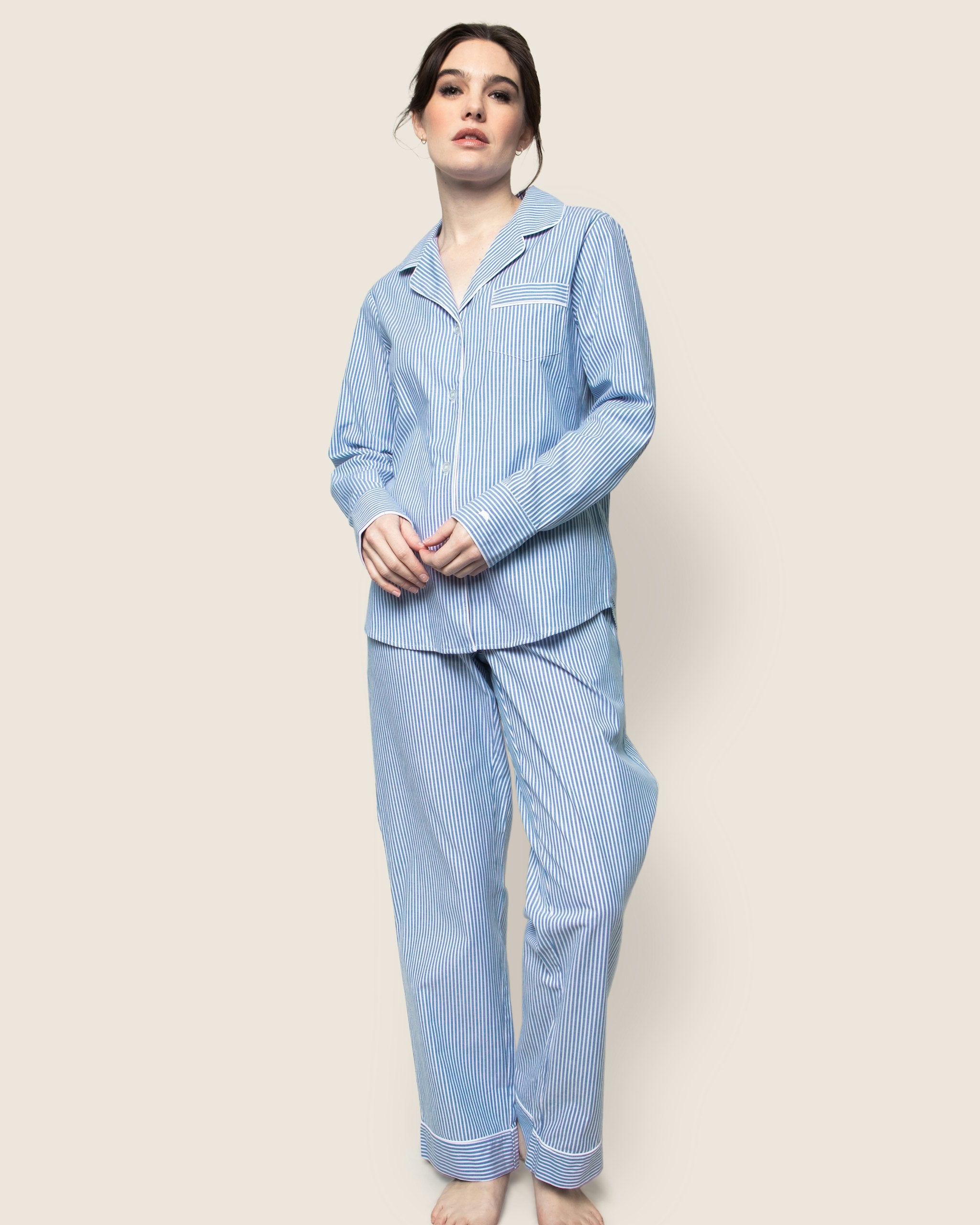 Women's Twill Pajama Set in French Blue Stripes in French Blue Stripes#Color_French Blue Stripes
