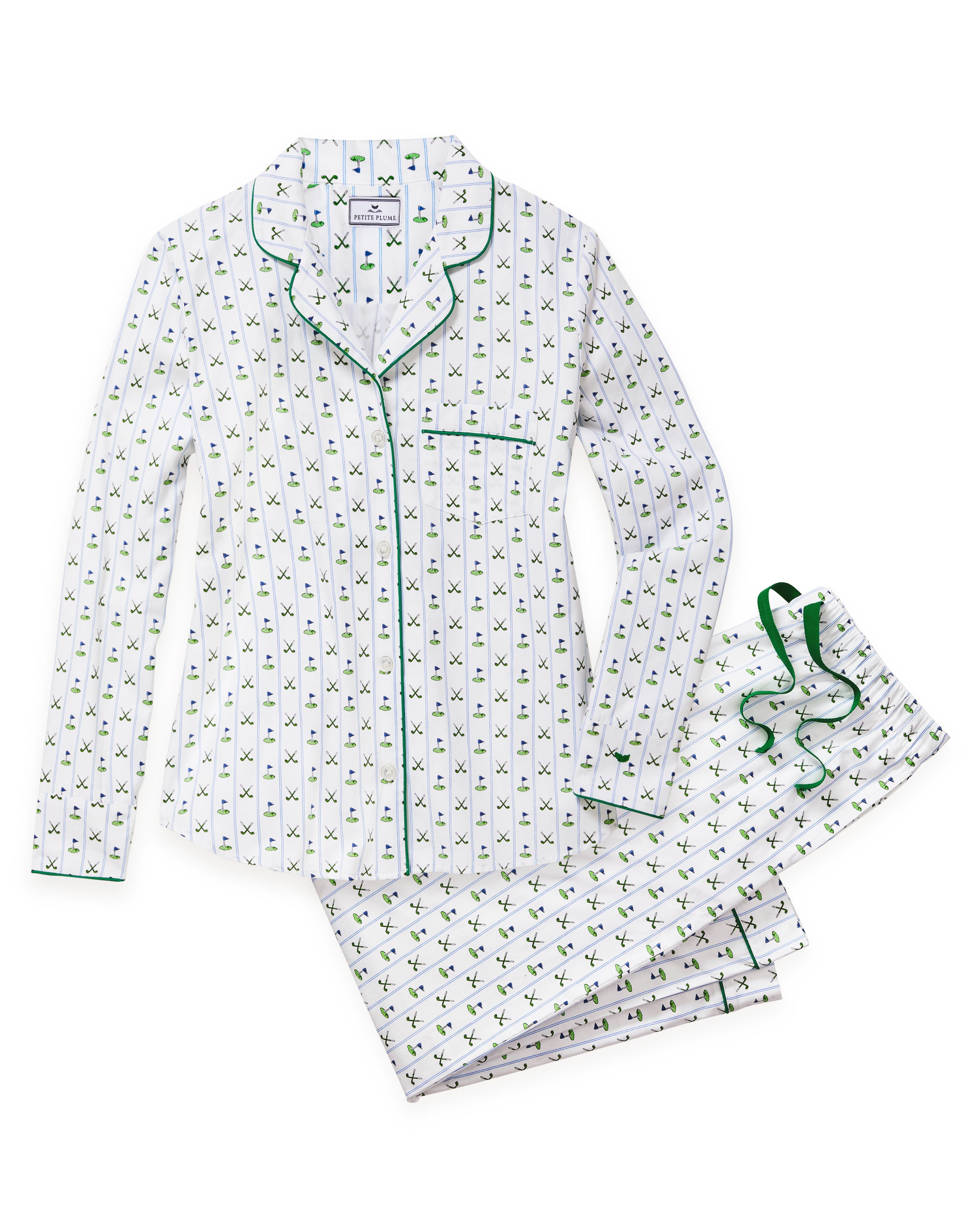 The Women's Twill Pajama Set in Fairway Stripe features a neatly folded white set with green stripes, including a long-sleeve button-up top with a chest pocket and matching drawstring pants.