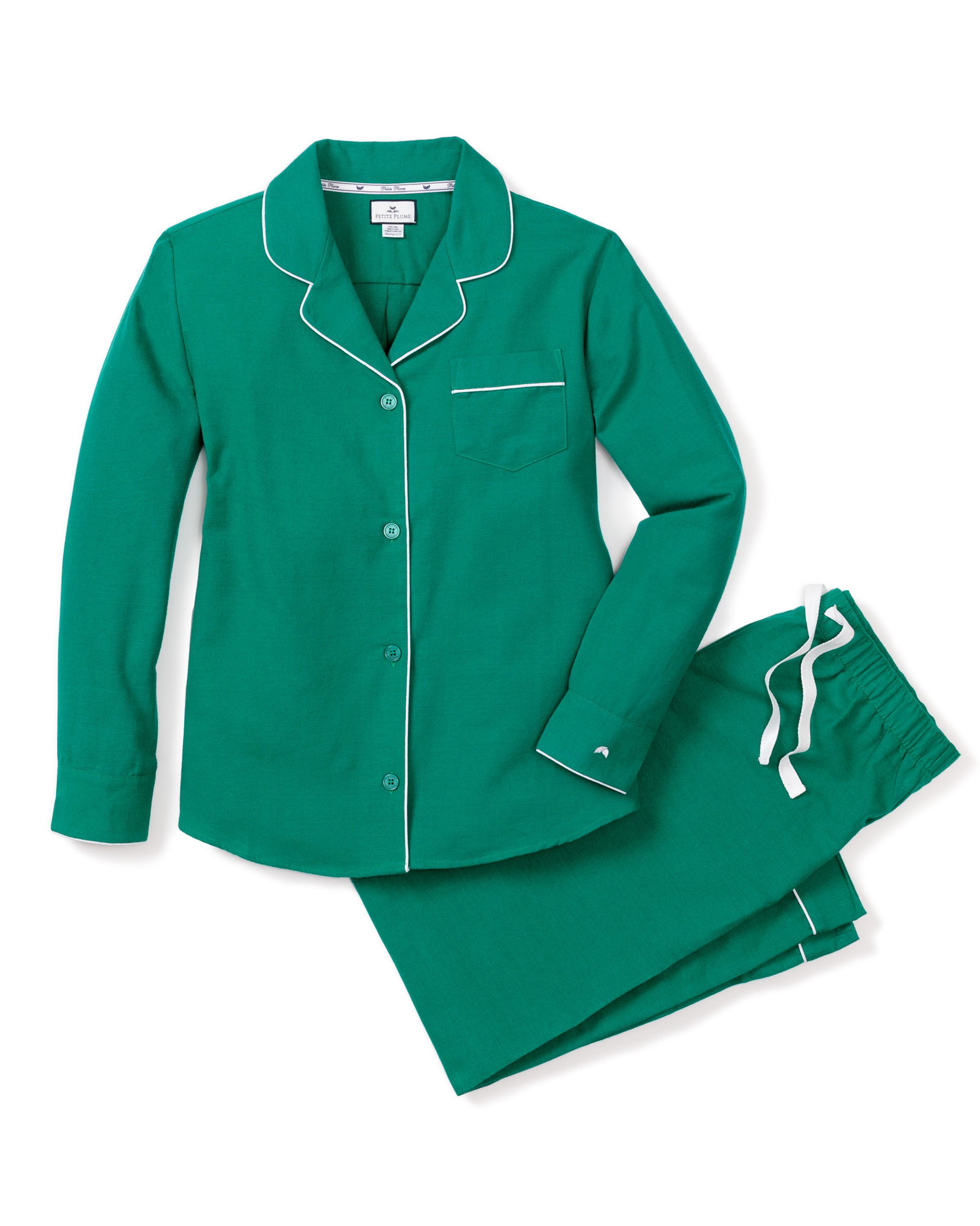 Petite Plumes Womens Flannel Pajama Set in Forest Green includes a cotton twill long-sleeve button-up top with chest pocket and white piping, paired with pants featuring an elastic waistband, a white drawstring, and white piping at the hem, all displayed against a white background.