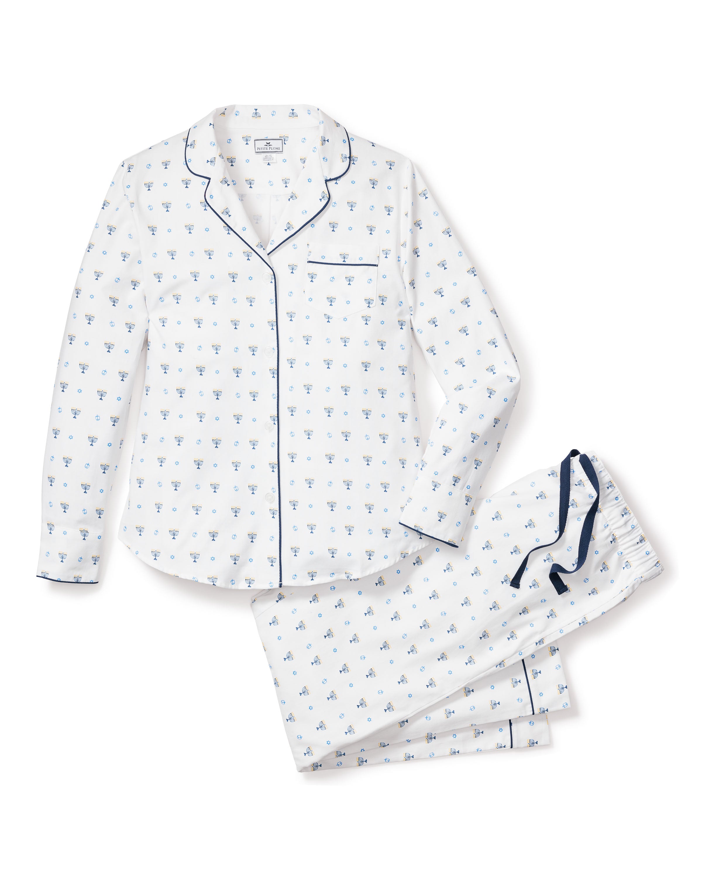 The Womens Twill Pajama Set in Happy Hanukkah by Petite Plume features a white cotton design with blue cocktail glass prints, including a long-sleeved button-up shirt with a chest pocket and matching pants, both accented with navy piping.