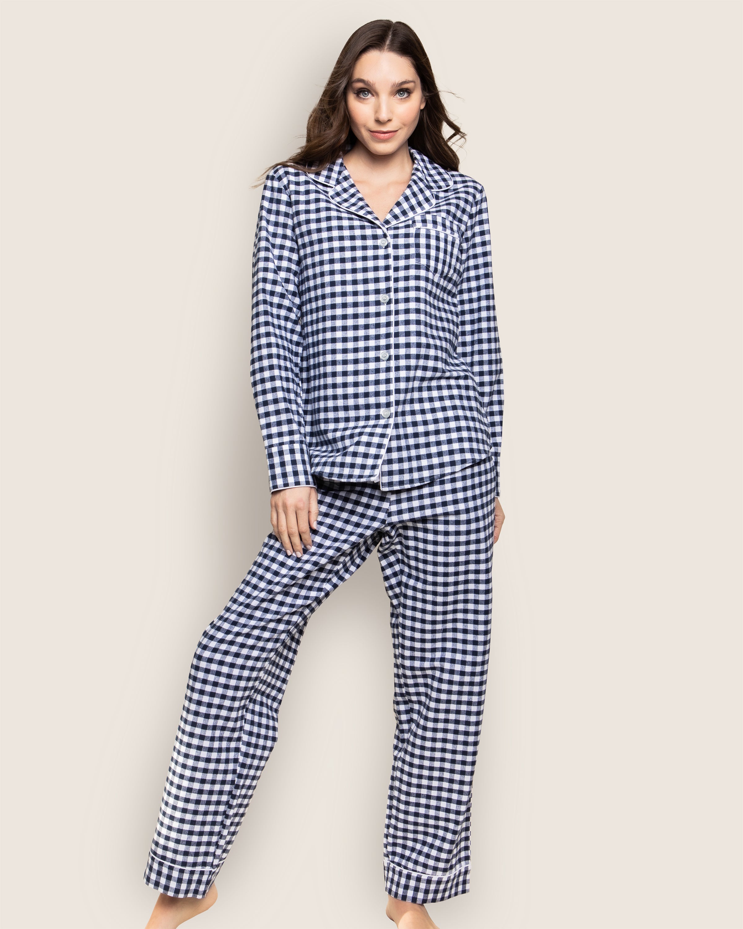 Women's Twill Pajama Set in Light Blue Gingham in Navy Gingham#Colorway_Navy Gingham