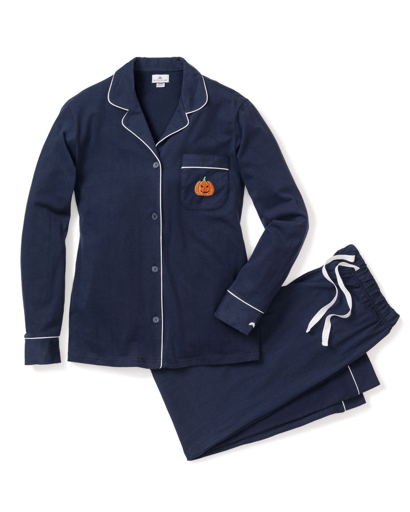 Halloween Limited Edition - Women's Navy Flannel Pajama Sets with Jack-o-Lantern Embroidery