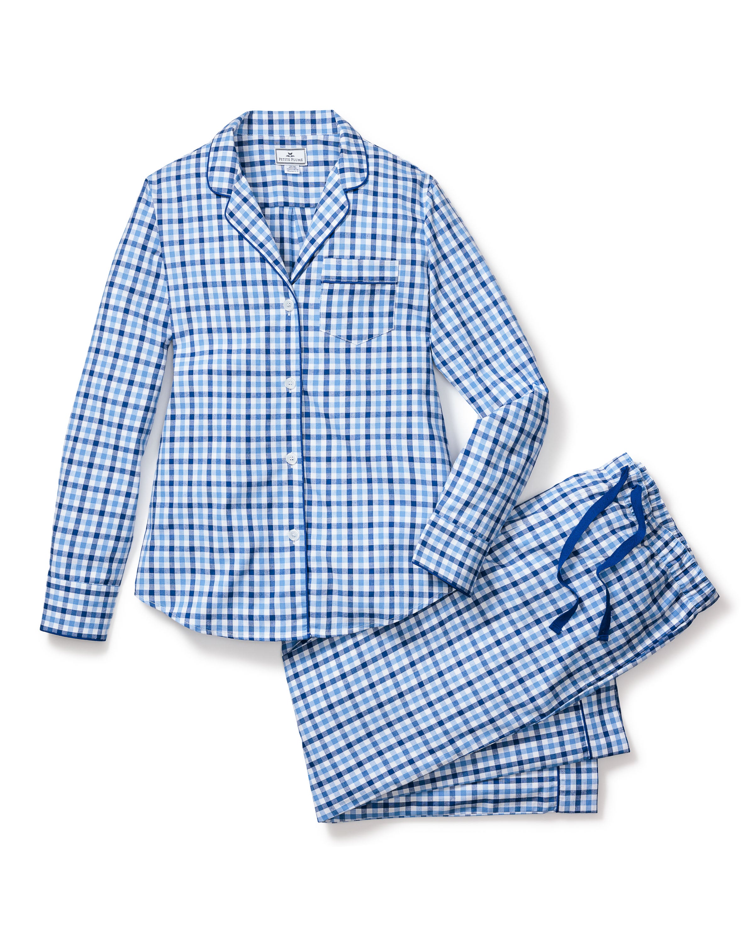 Women’s Twill Royal Blue Gingham Pajama Set | Petite Plume