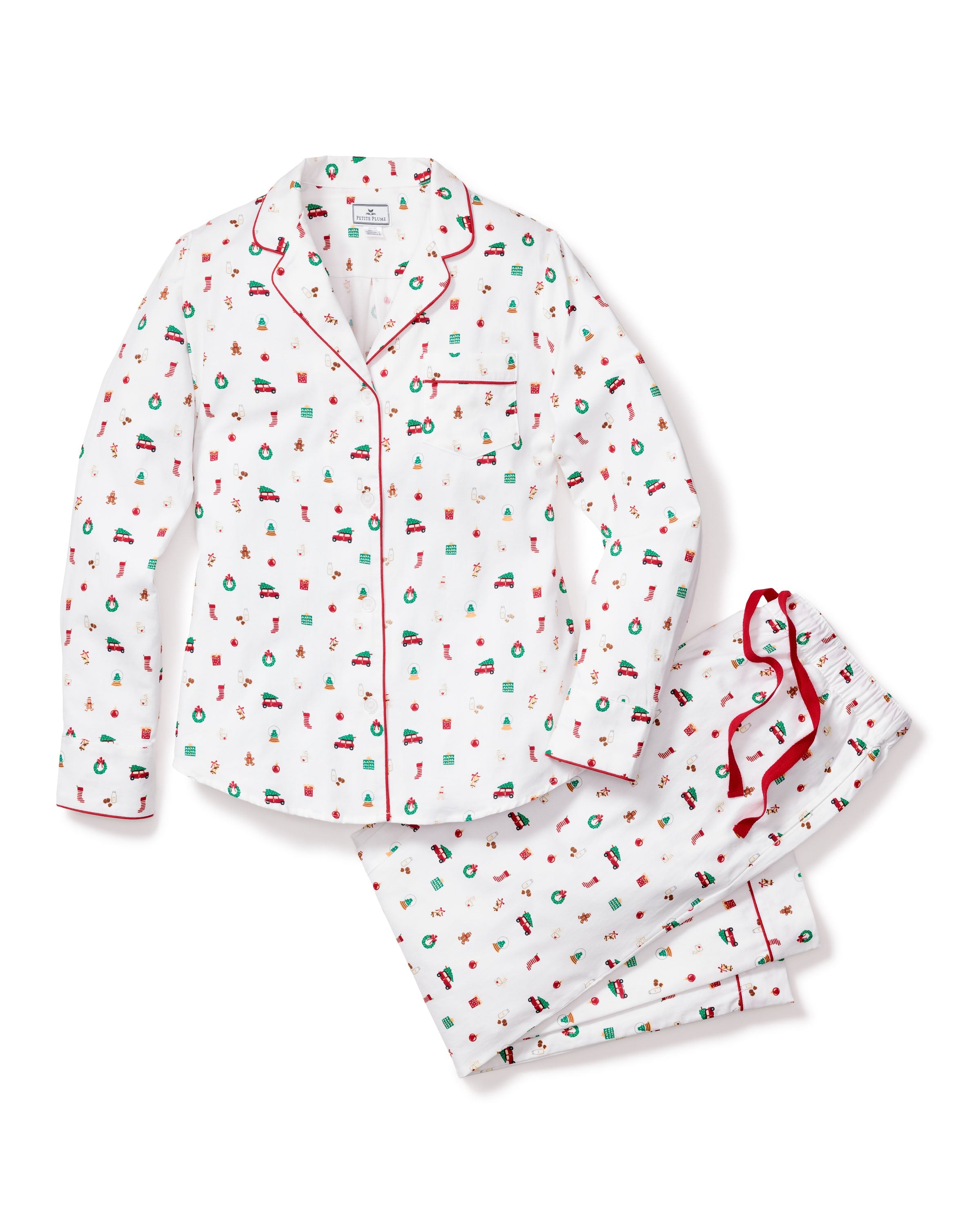 Celebrate the holiday season in style with Petite Plumes Womens Twill Pajama Set in Winter Nostalgia. Made from soft cotton twill, it features red piping and small festive patterns like stockings, wreaths, and trees. The set includes a long-sleeved button-up top and drawstring pants for ultimate comfort.