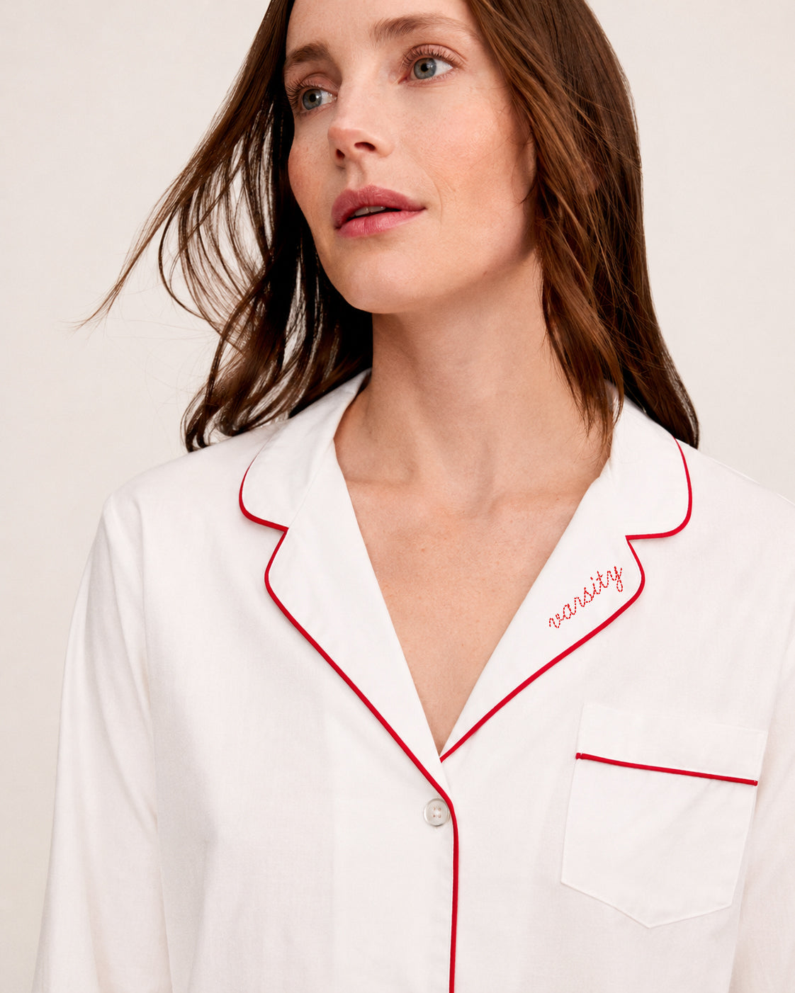 School Spirit Embroidered Twill Pajama Set in White with Red Piping