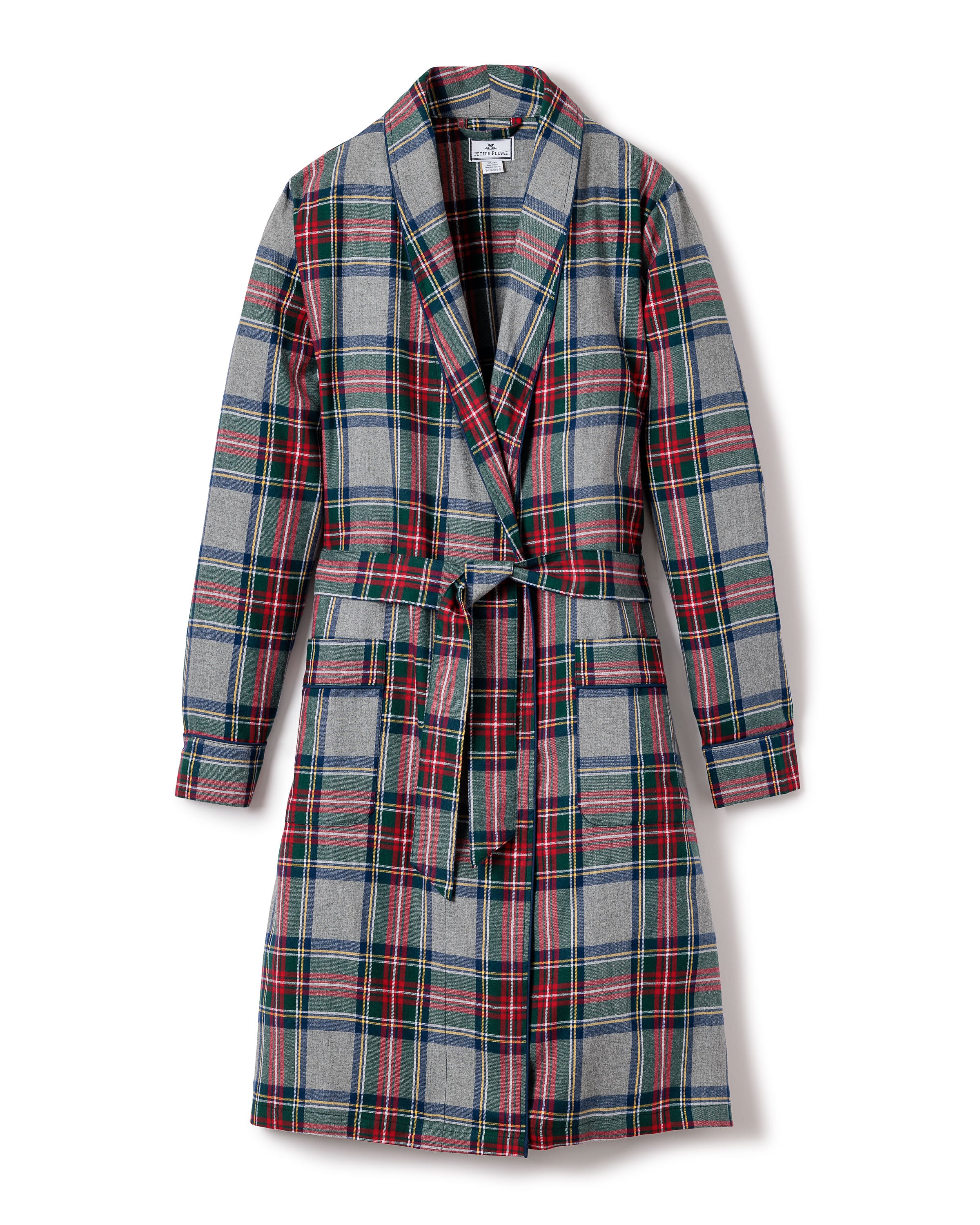 Petite Plumes Womens Brushed Cotton Robe in Westminster Tartan features a classic plaid design with gray, red, and green. It includes long sleeves, a shawl collar, and two front patch pockets for a luxurious sleepwear look rooted in Scottish tradition.