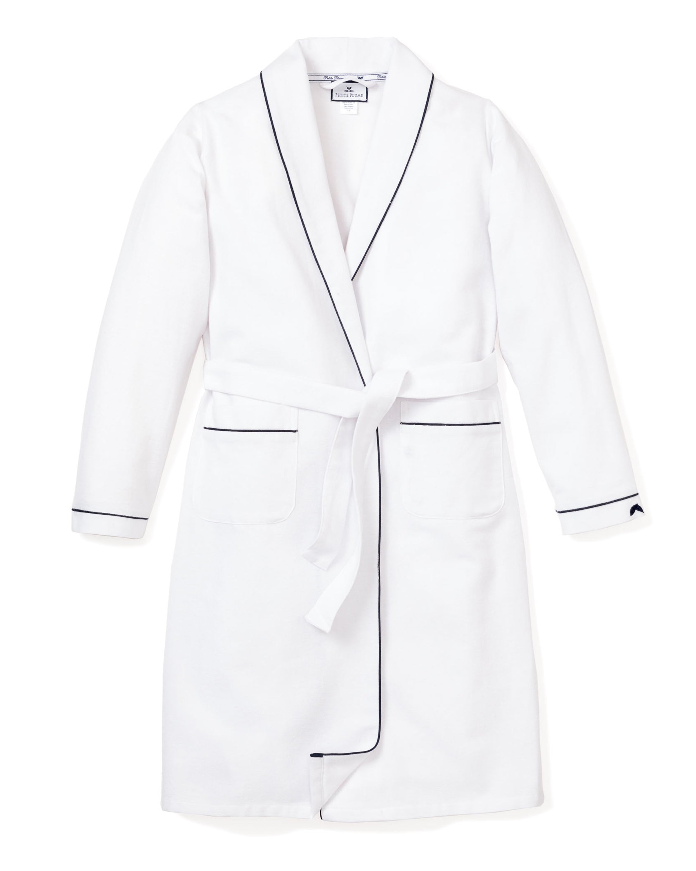 Petite Plumes Womens Flannel Robe, in white with navy piping, is elegantly designed with a wrap-around belt and two front pockets, shown flat on a white background.