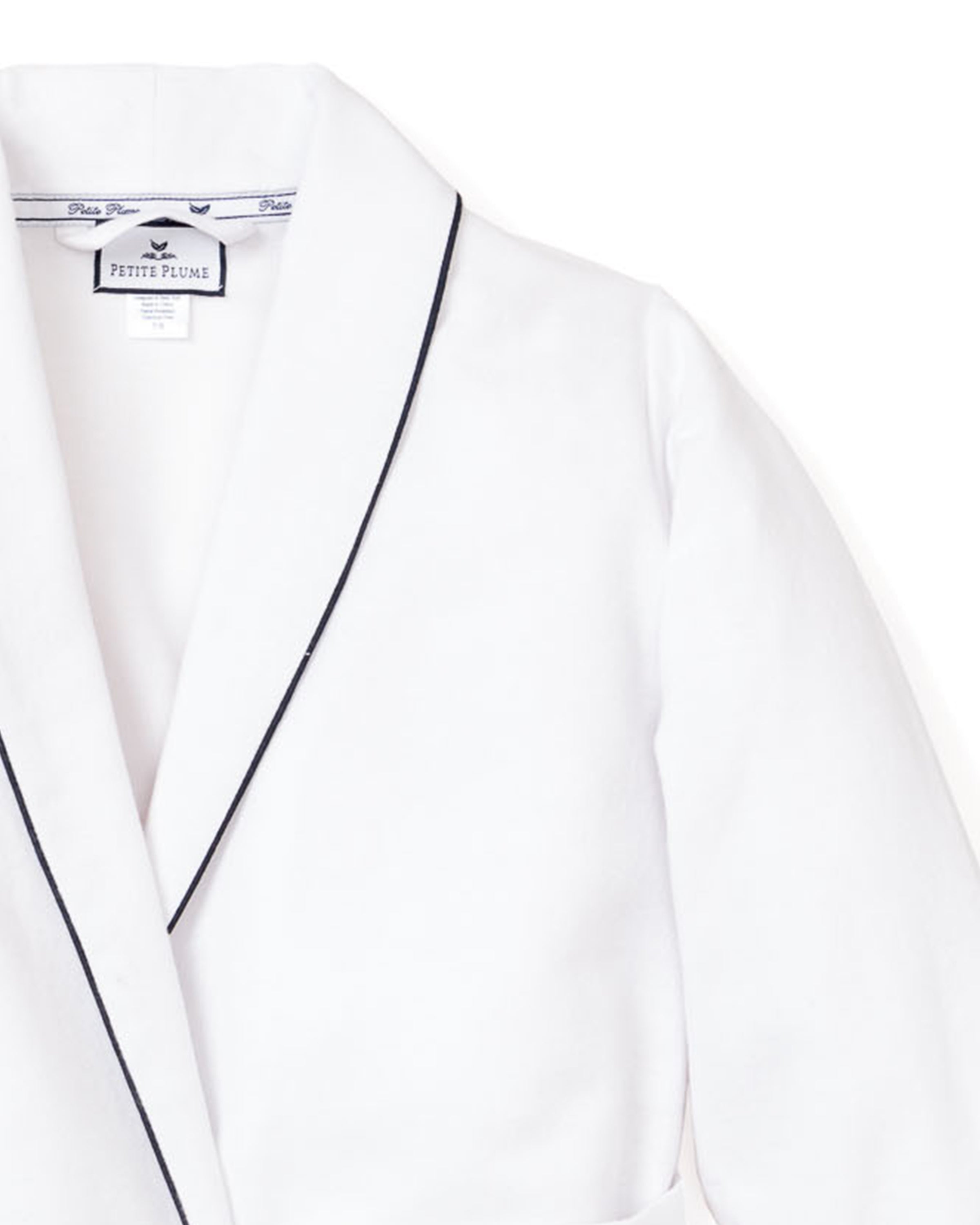 Close-up of the Petite Plume Womens Flannel Robe in White with Navy Piping against a plain white background, highlighting its elegant design and soft material made from the finest quality cotton.
