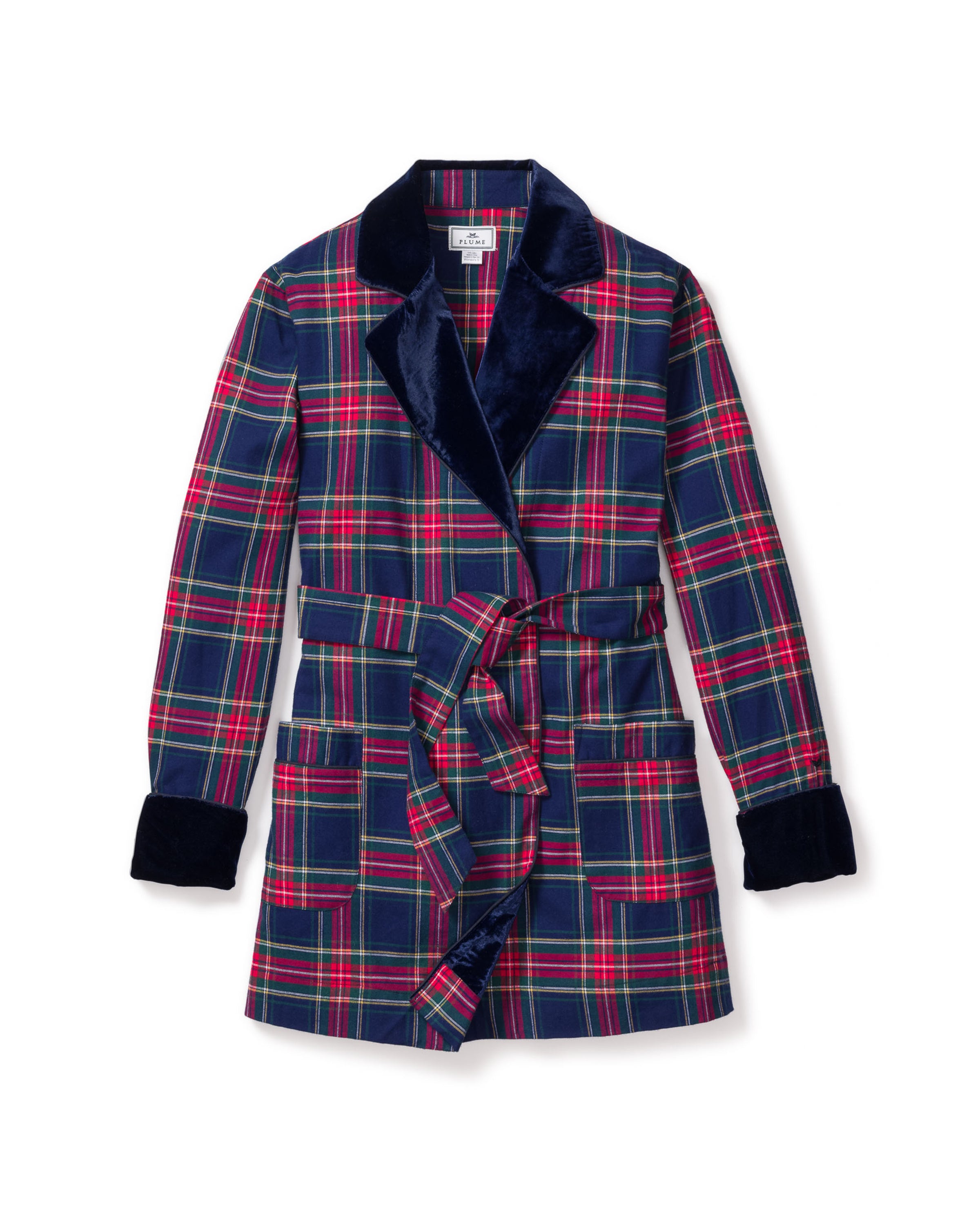 Petite Plumes Womens Car Coat in Windsor Tartan features navy, red, and green plaid with velvet collar and cuffs. Made from lightweight flannel, it includes front pockets and a matching fabric belt. Displayed on a plain white background.