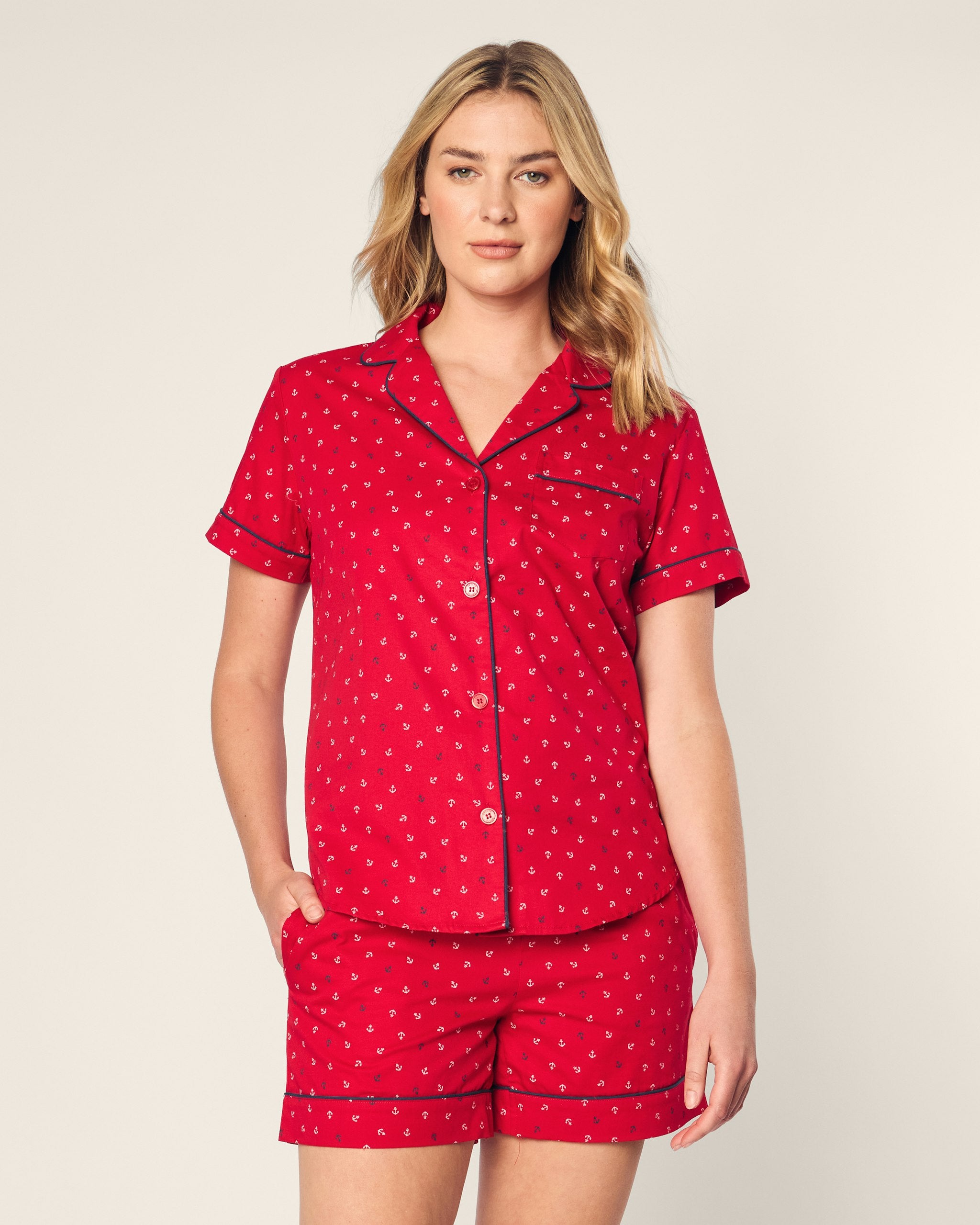 Women's Twill Short Sleeve Short Set in Coastal Charms in Anchors Away#Color_Anchors Away