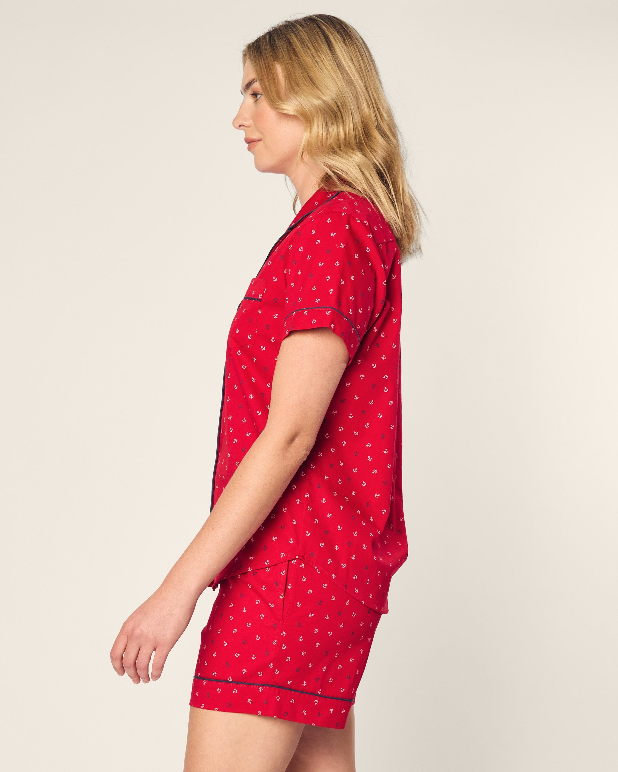 Women's Twill Short Sleeve Short Set in Coastal Charms in Anchors Away#Color_Anchors Away