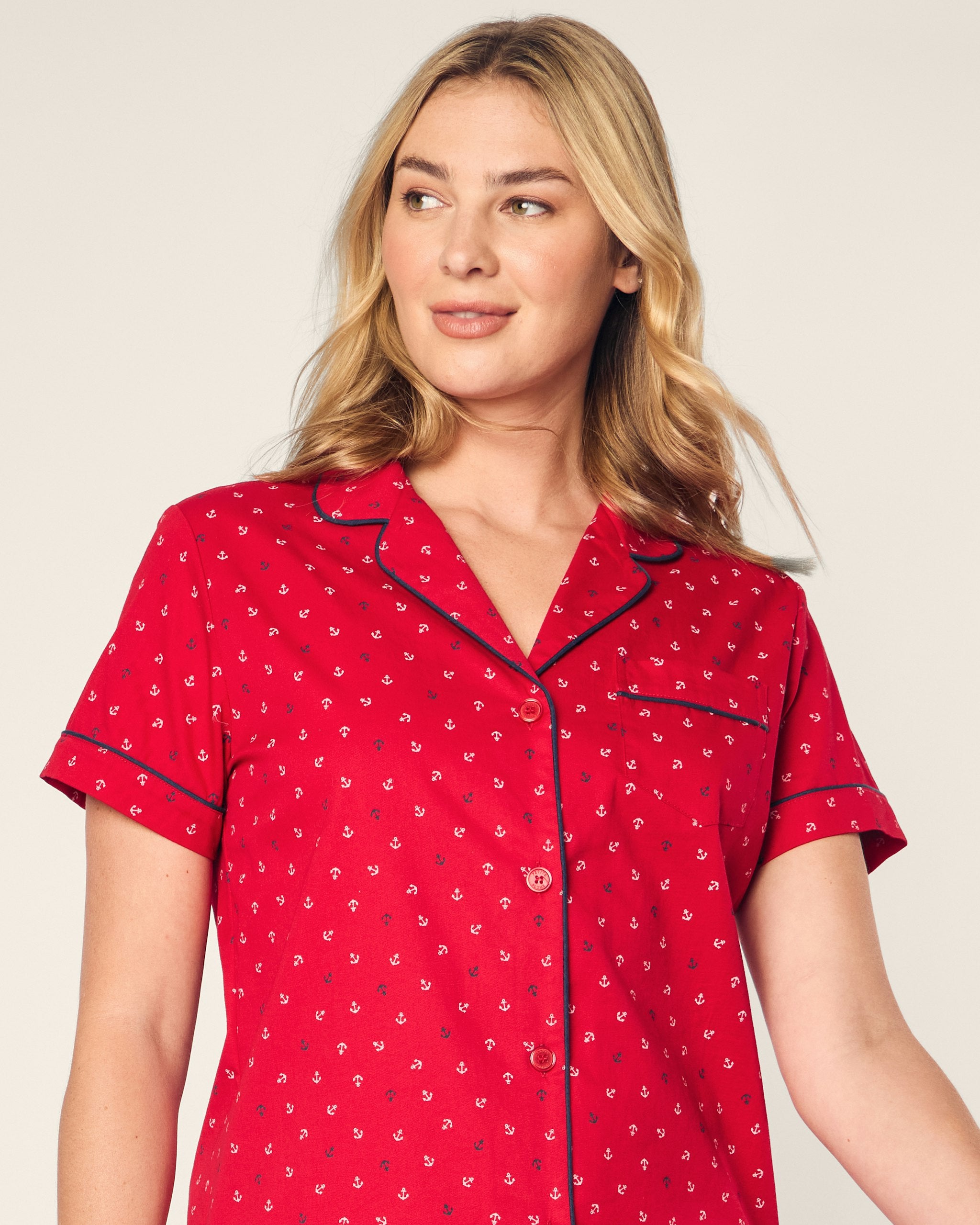 Women's Twill Short Sleeve Short Set in Coastal Charms in Anchors Away#Color_Anchors Away