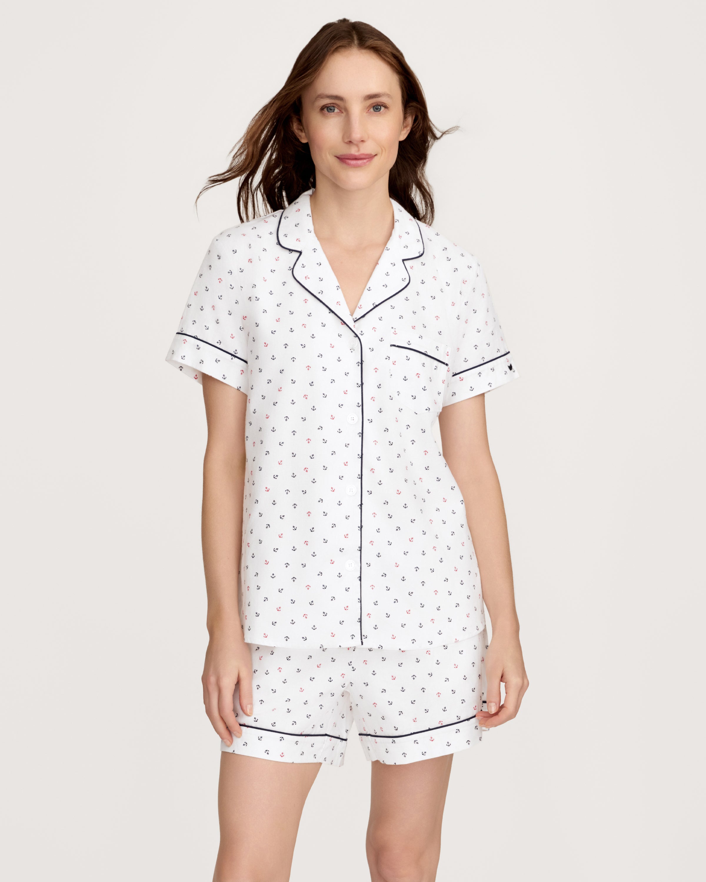 Women's Twill Short Sleeve Short Set in Anchors Away White